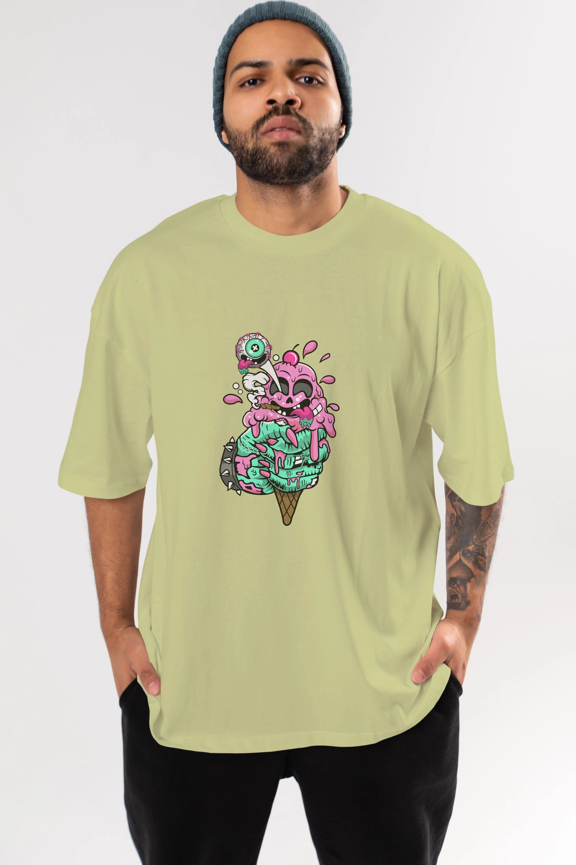 Ice Cream Zombie Ön Baskılı Oversize t-shirt Erkek Kadın Unisex %100 Pamuk tişort