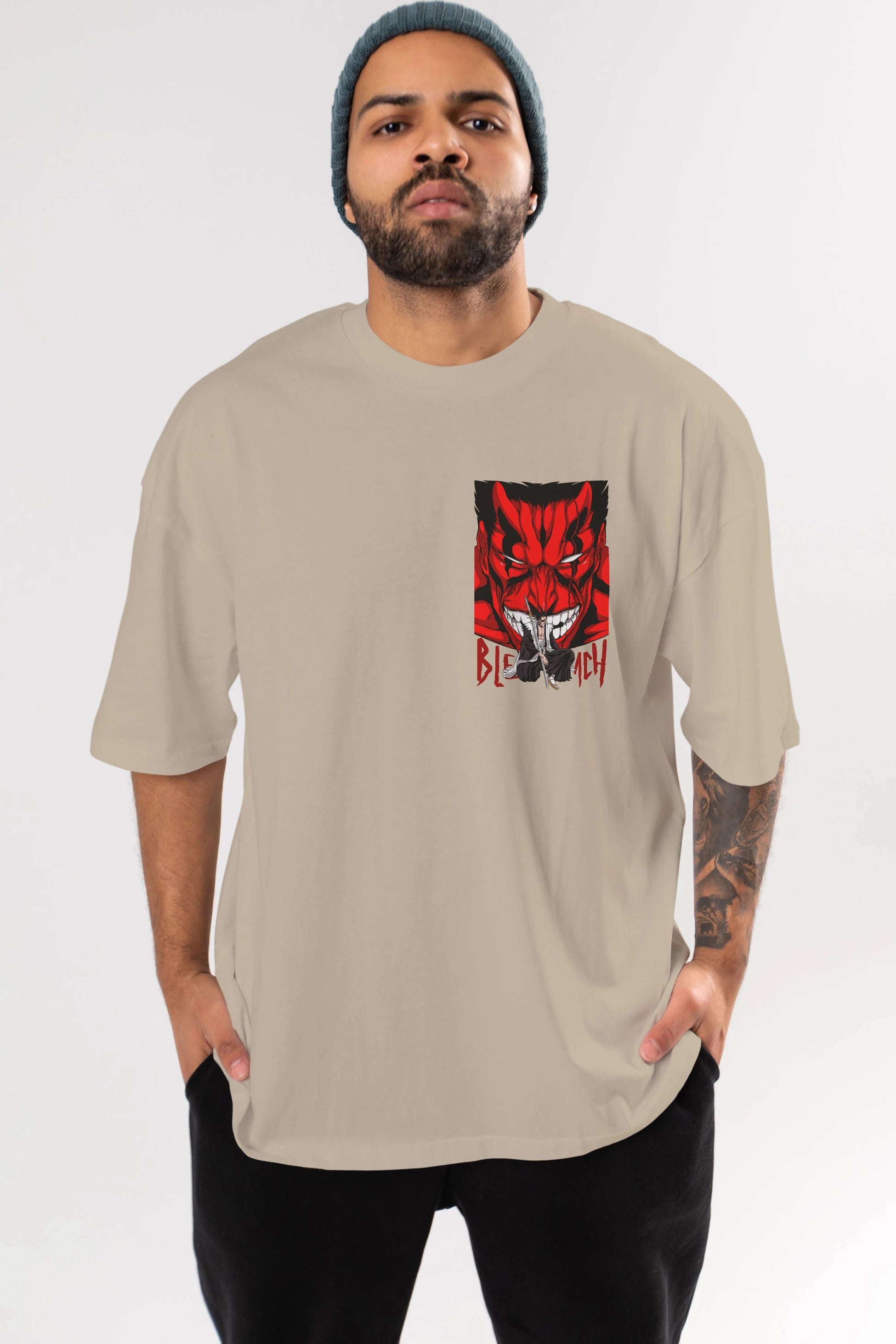 KENPACHI ZARAKI BLEACH Ön Sol Baskılı Oversize t-shirt Erkek Kadın Unisex %100 Pamuk Bisiklet Yaka tişort