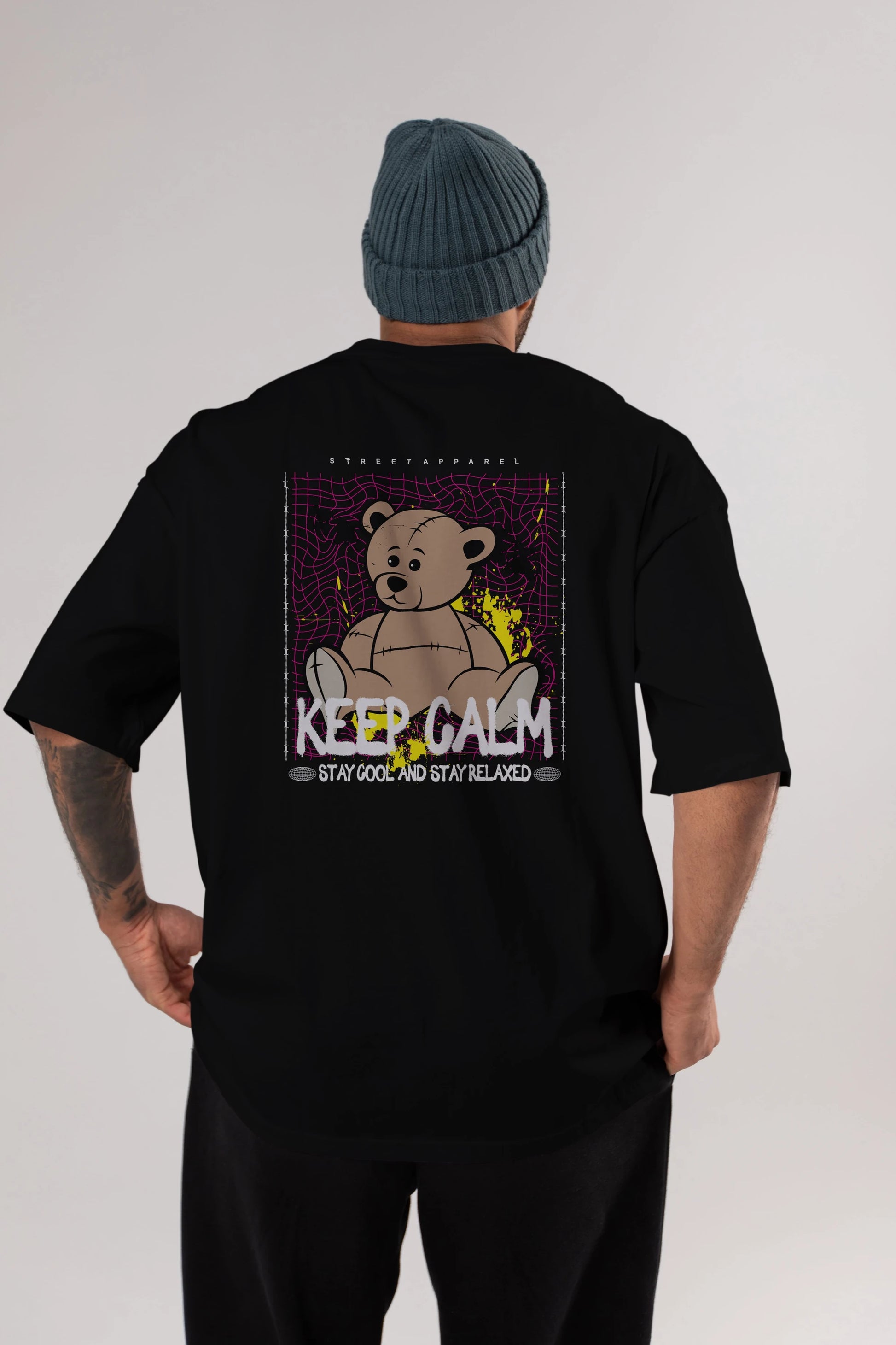 Keep Calm Bear Arka Baskılı Oversize t-shirt Erkek Kadın Unisex
