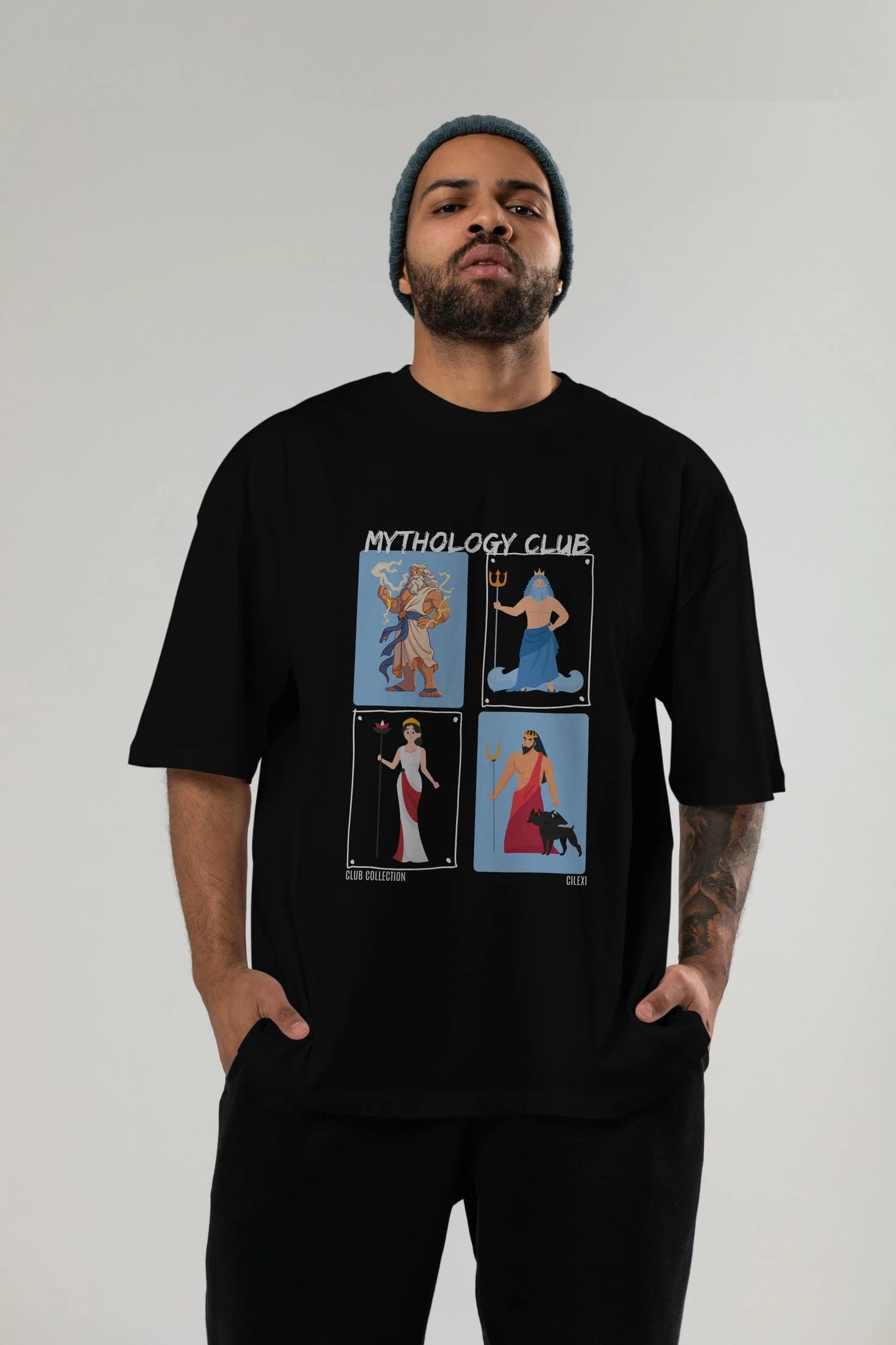 Mythology Club 2 ön Baskılı Oversize t-shirt Erkek Kadın %100 Pamuk Bisiklet Yaka tişort