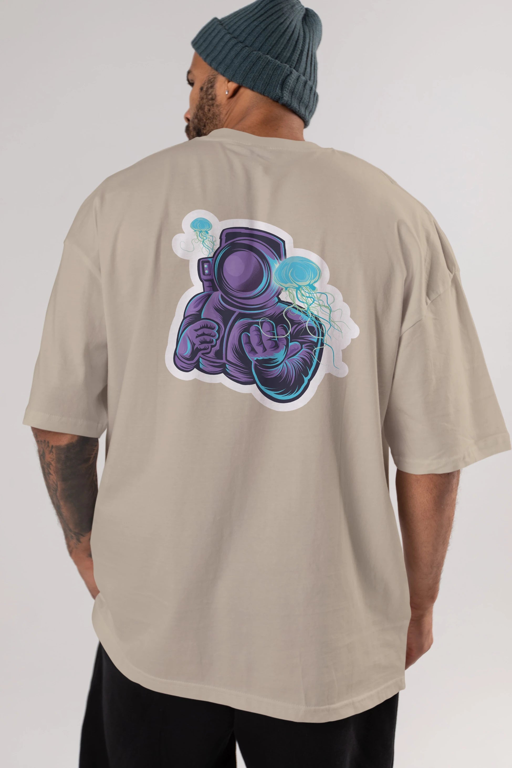 Astronaut and Jellyfish Sticker Arka Baskılı Oversize t-shirt Erkek Kadın Unisex
