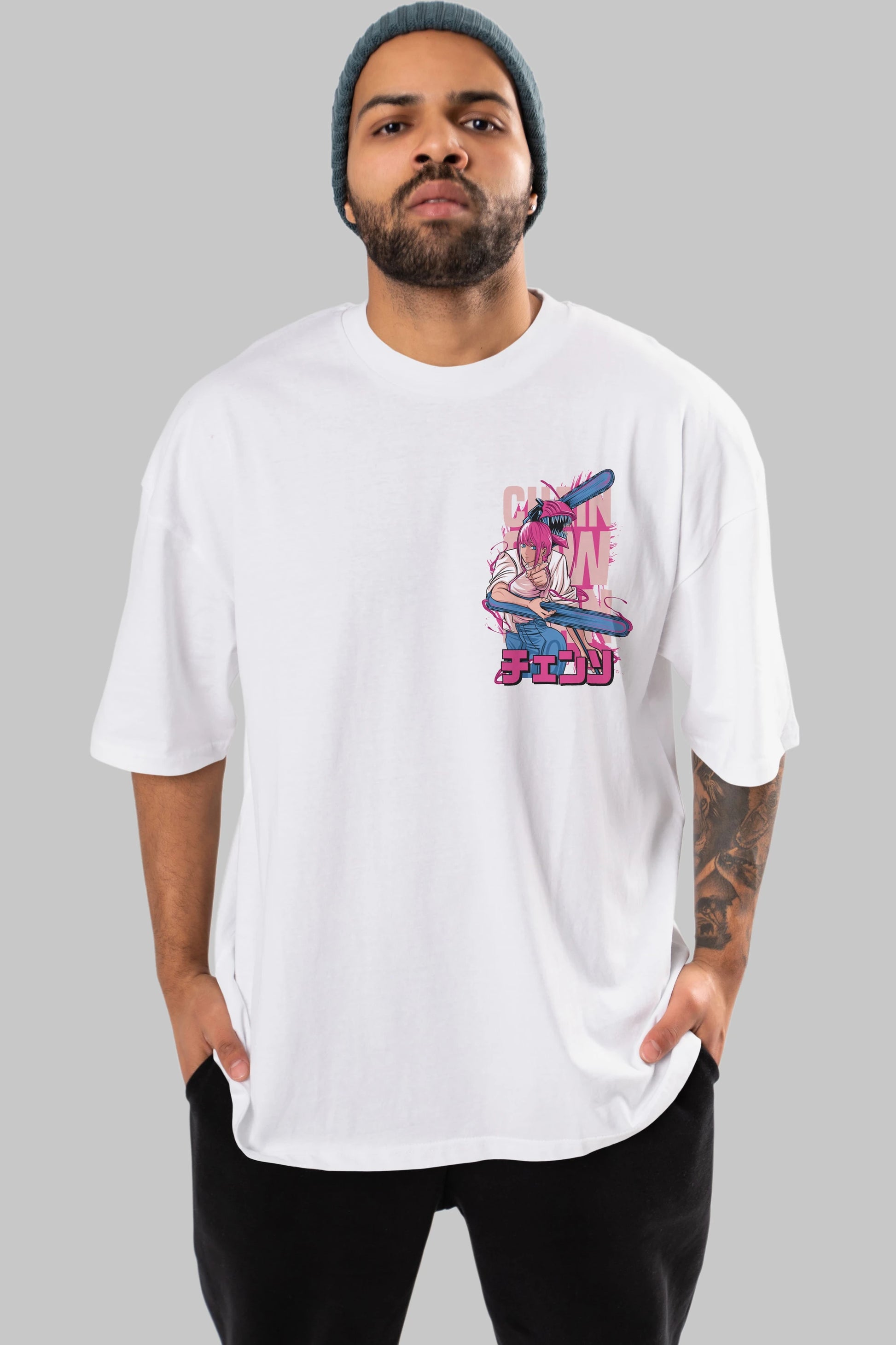 DENJI and MAKIMA Ön Sol Baskılı Oversize t-shirt Erkek Kadın Unisex %100 Pamuk Bisiklet Yaka tişort