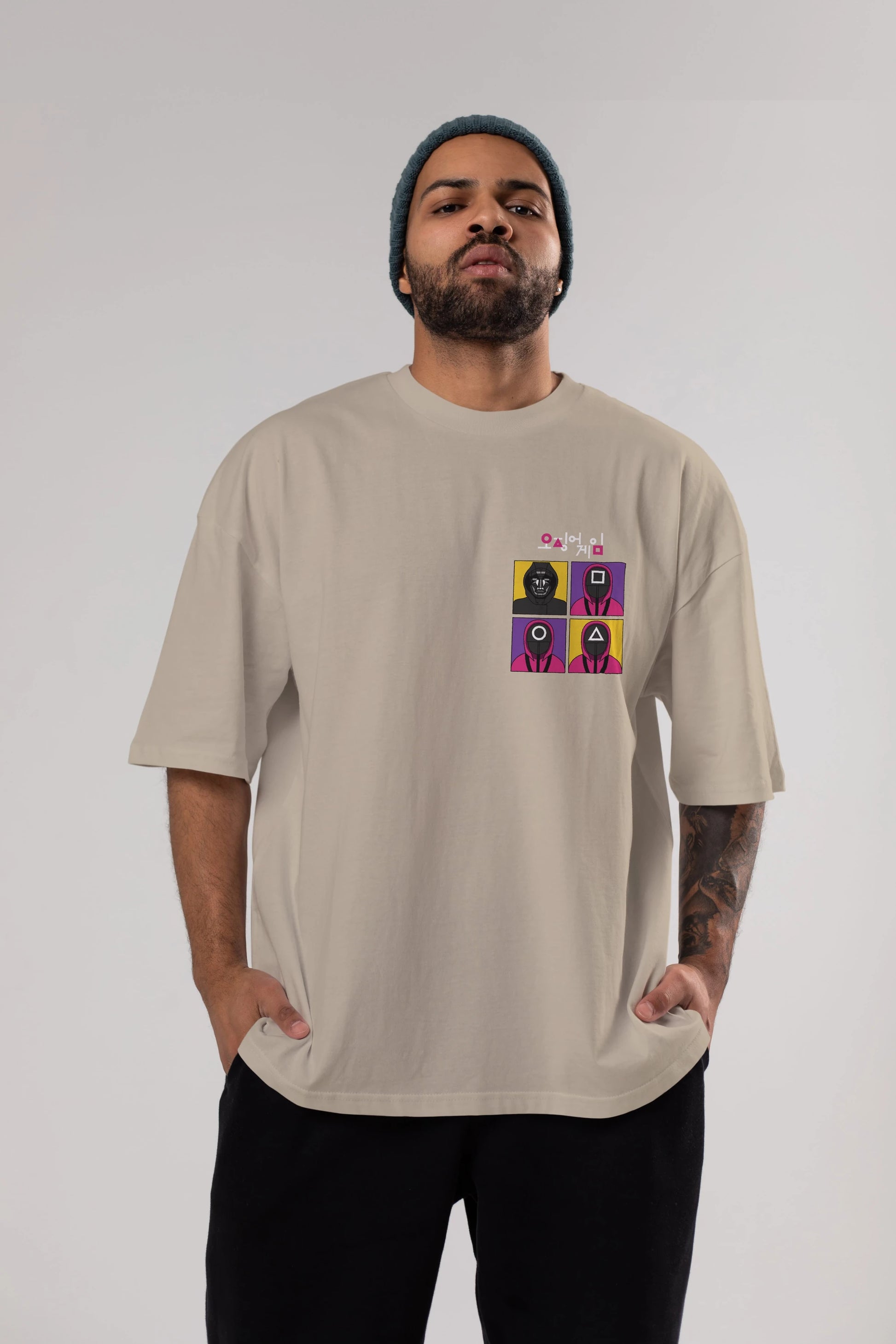 Squid Game (1) Ön Sol Baskılı Oversize t-shirt Erkek Kadın Unisex %100 Pamuk Bisiklet Yaka tişort