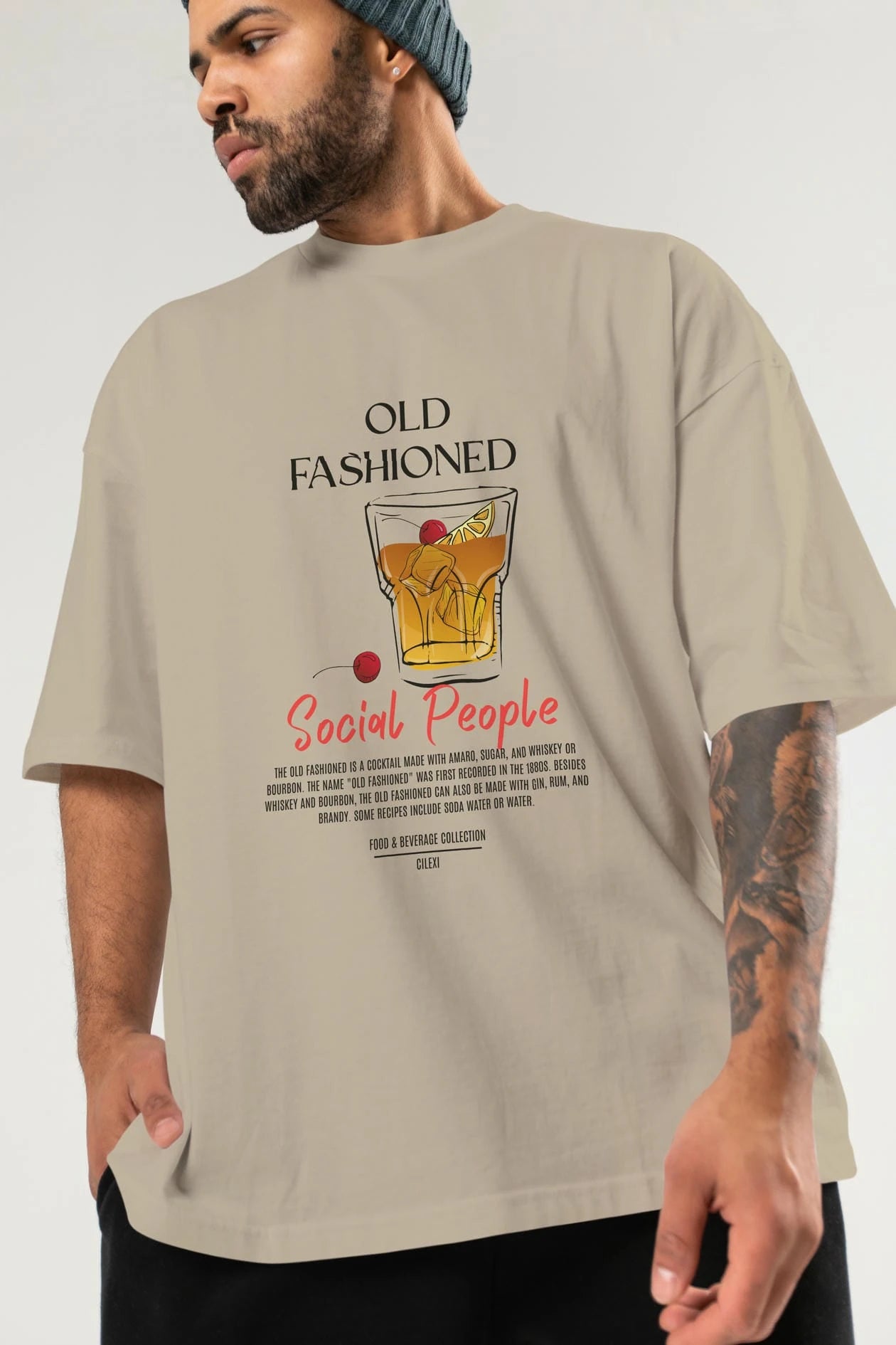 Old Fashıoned Kokteyl Serisi ön Baskılı Oversize t-shirt Erkek Kadın %100 Pamuk Bisiklet Yaka tişort