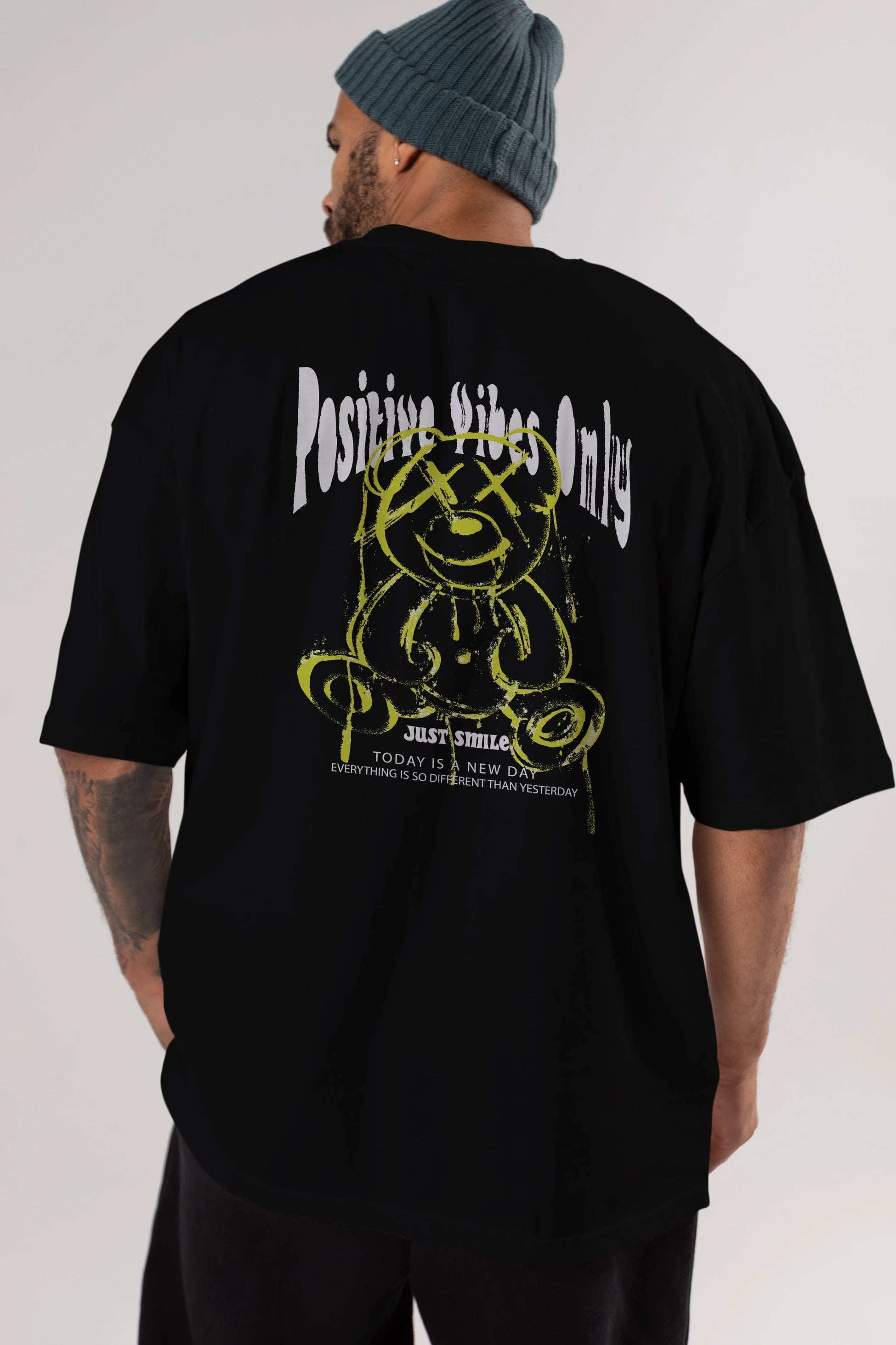 Positive Vibes Only Bear Arka Baskılı Oversize t-shirt Erkek Kadın Unisex