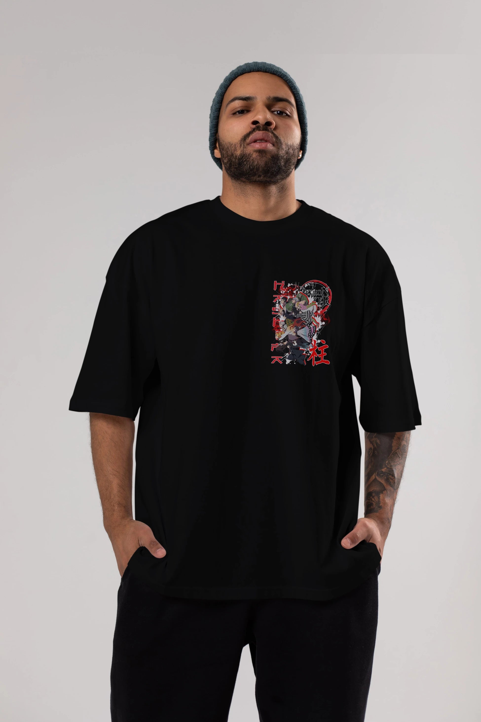 DEMON SLAYER SLAYERS Ön Sol Baskılı Oversize t-shirt Erkek Kadın Unisex %100 Pamuk Bisiklet Yaka tişort
