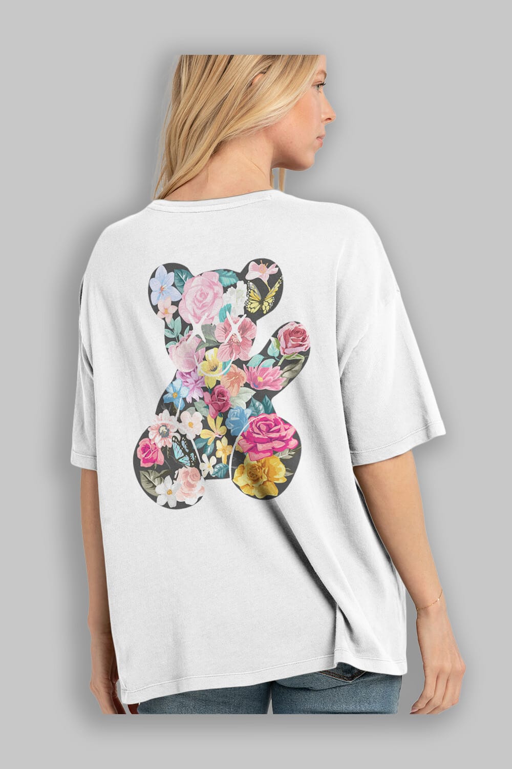 Flowers Bear Arka Baskılı Oversize t-shirt Erkek Kadın Unisex