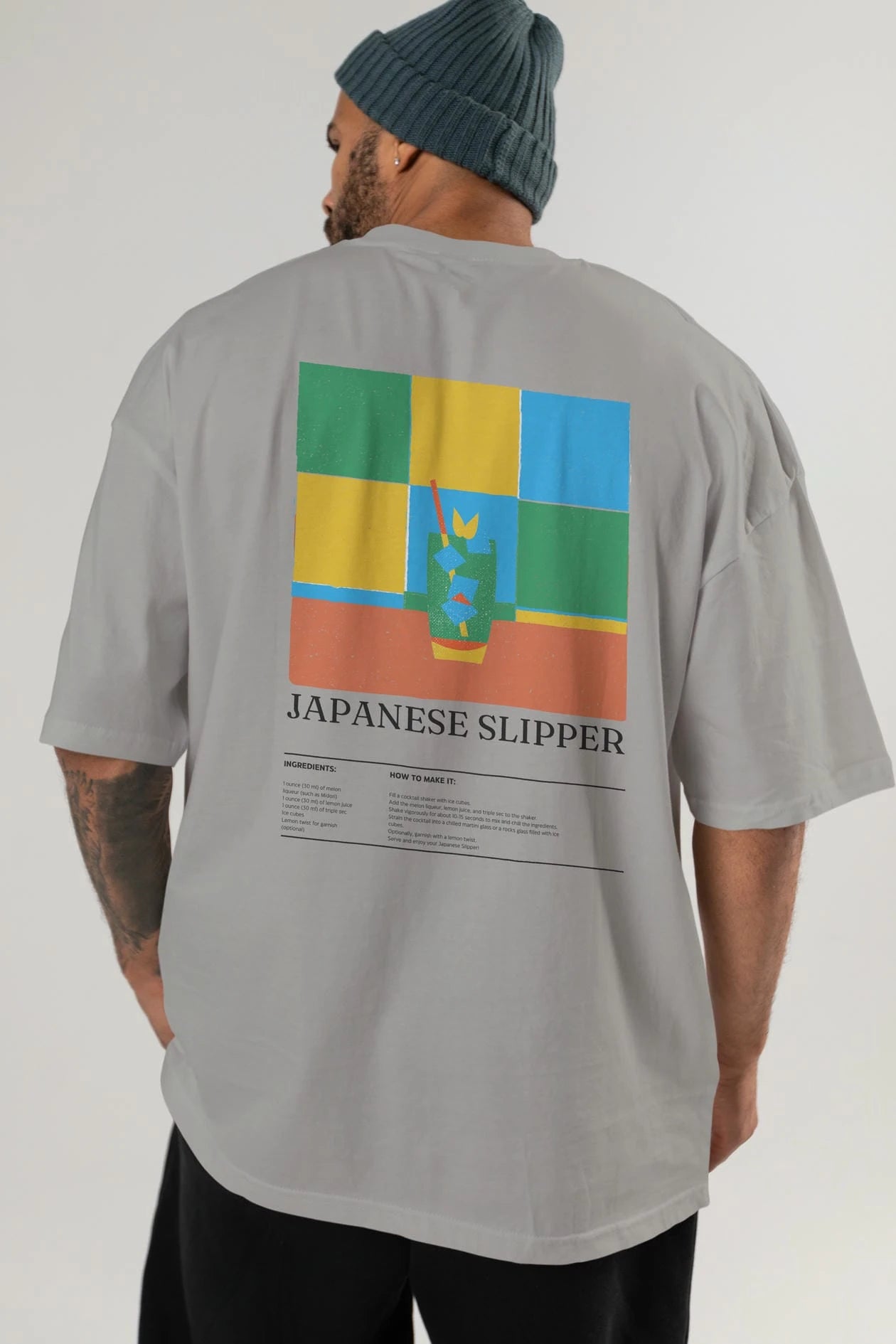 Japanese Slipper Kokteyl Serisi Arka Baskılı Oversize t-shirt Erkek Kadın %100 Pamuk Bisiklet Yaka tişort