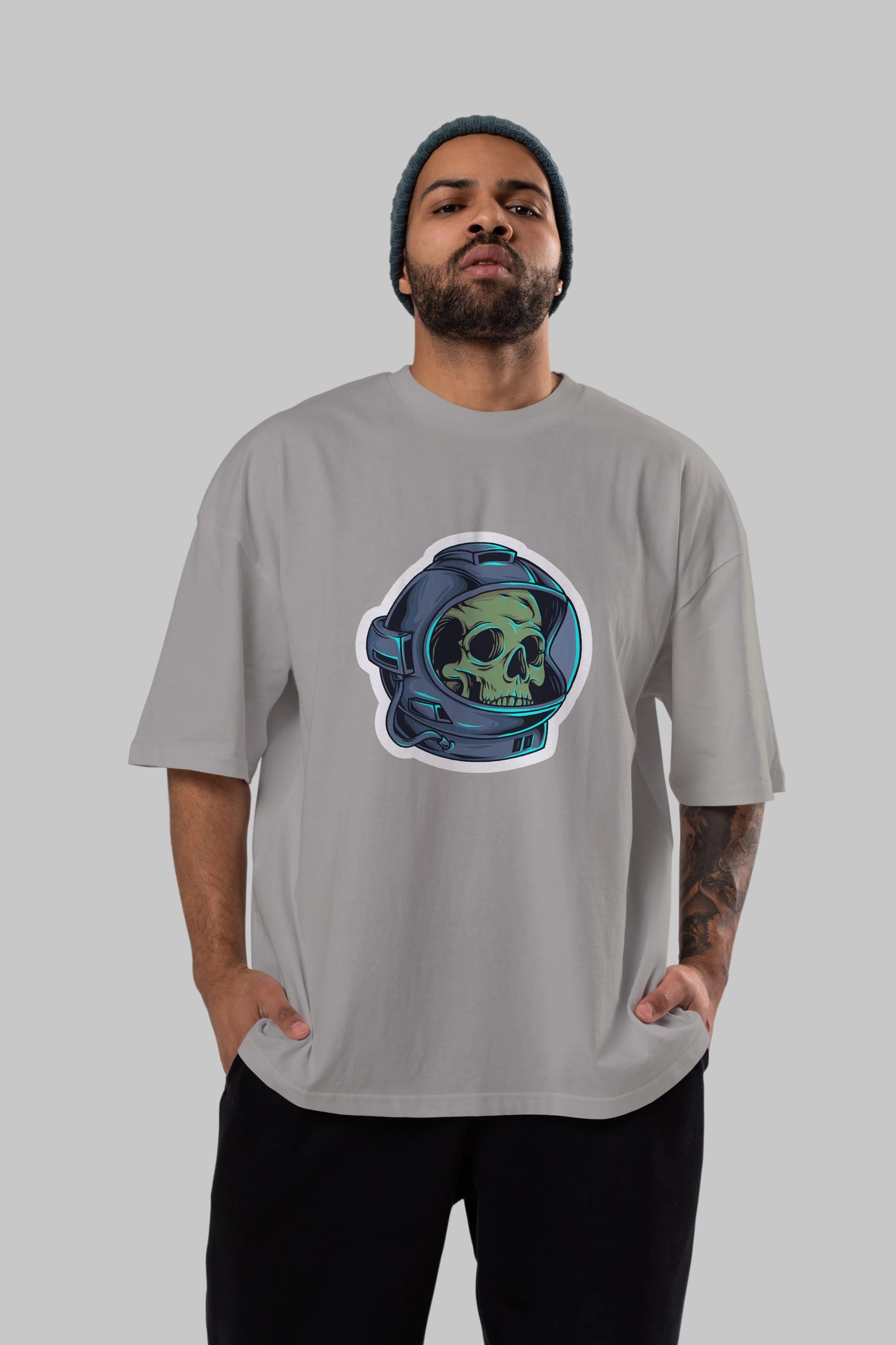 Astroskull Sticker Ön Baskılı Oversize t-shirt Erkek Kadın Unisex