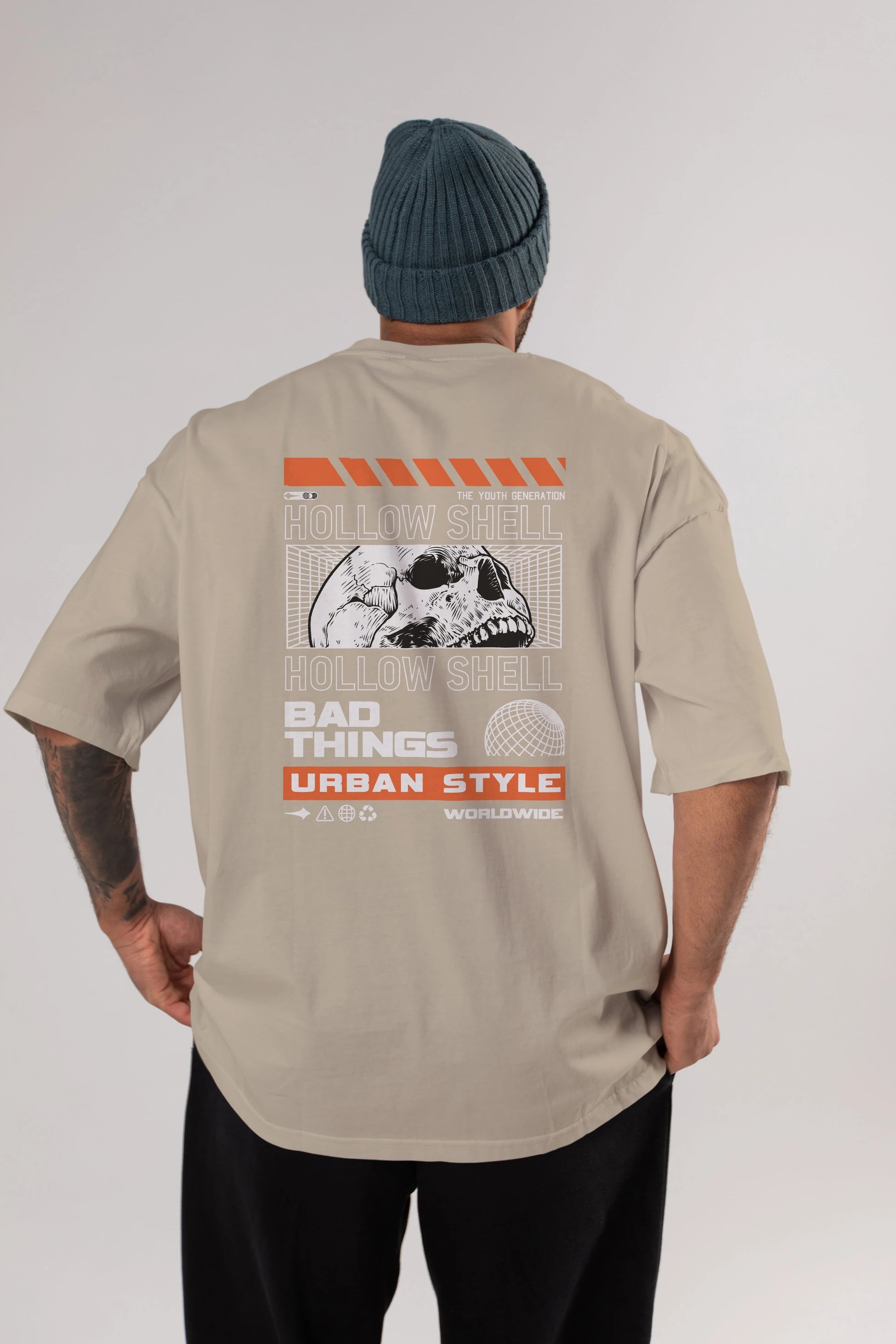 Hollow Shell Arka Baskılı Oversize t-shirt Erkek Kadın Unisex
