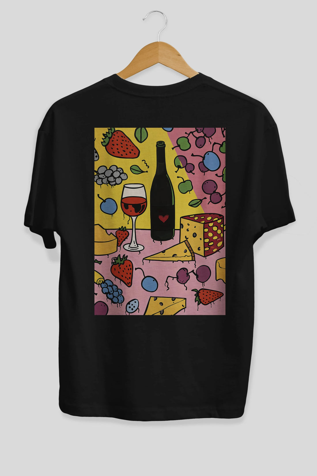 Wine Cheese Fruits Arka Baskılı Oversize t-shirt Erkek Kadın Unisex %100 Pamuk Bisiklet Yaka tişort