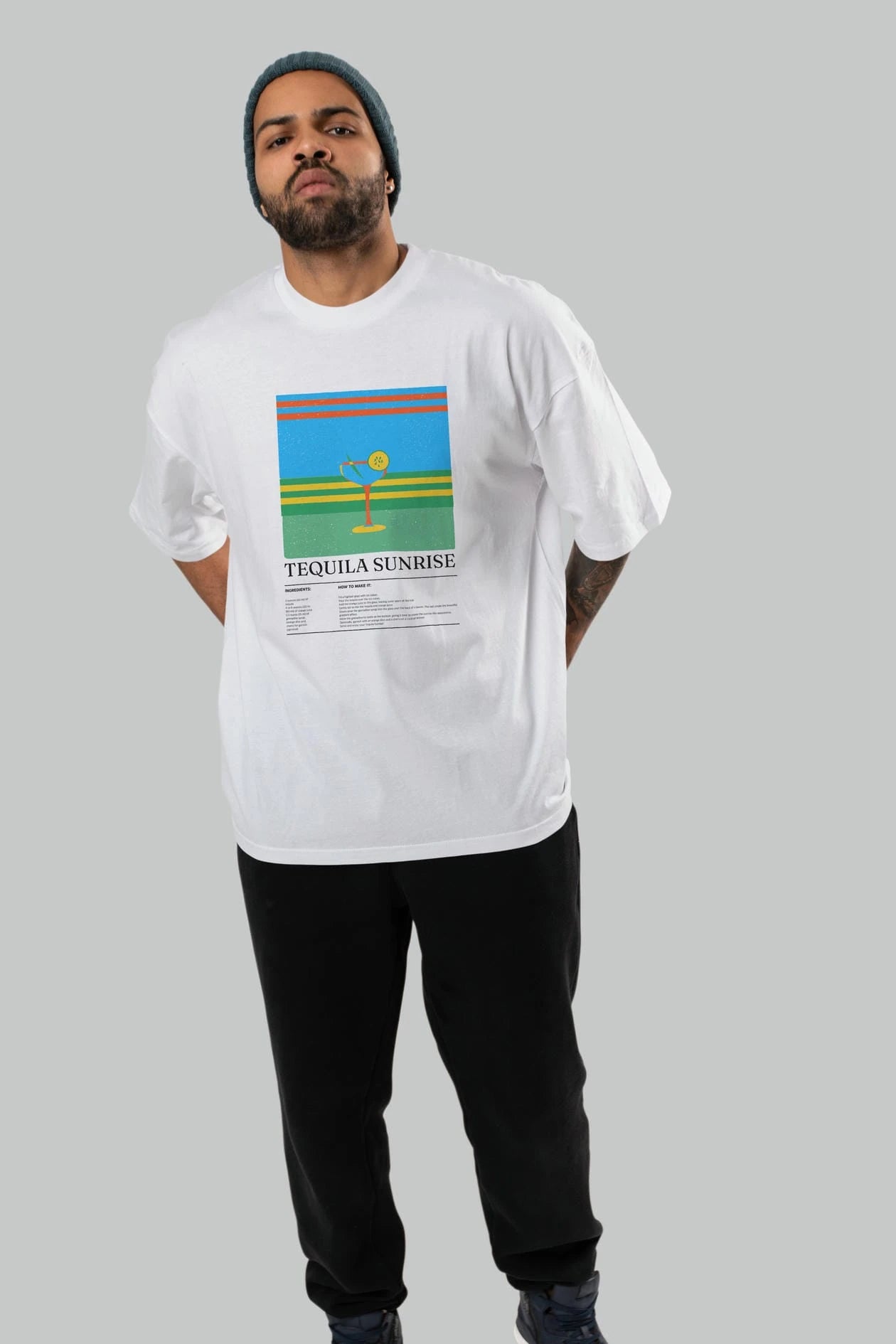 Tequila Sunrise Kokteyl Ön Baskılı Oversize t-shirt Erkek Kadın %100 Pamuk Bisiklet Yaka tişort