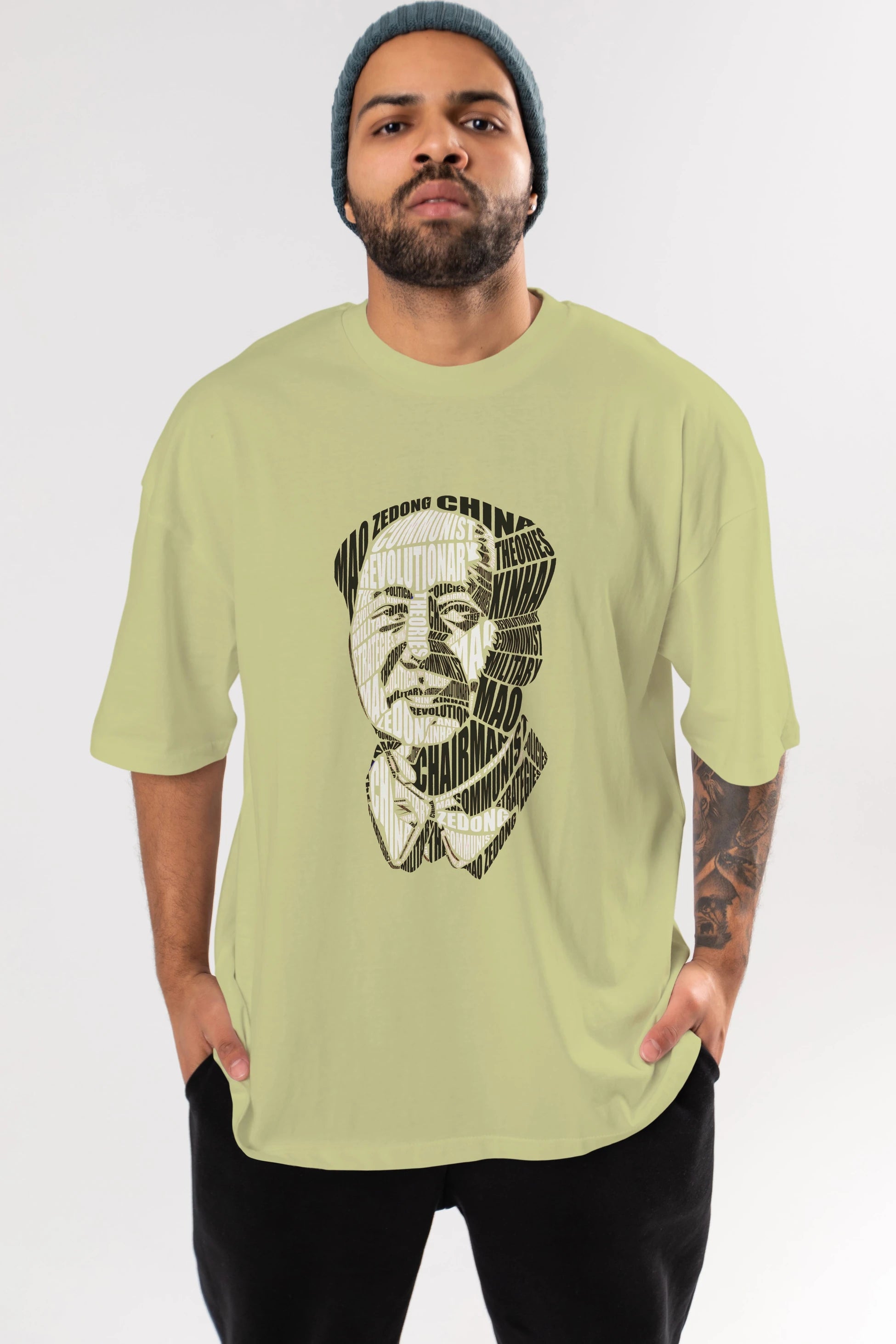 Mao Zedong Calligram Ön Baskılı Oversize t-shirt %100 pamuk Erkek Kadın Unisex