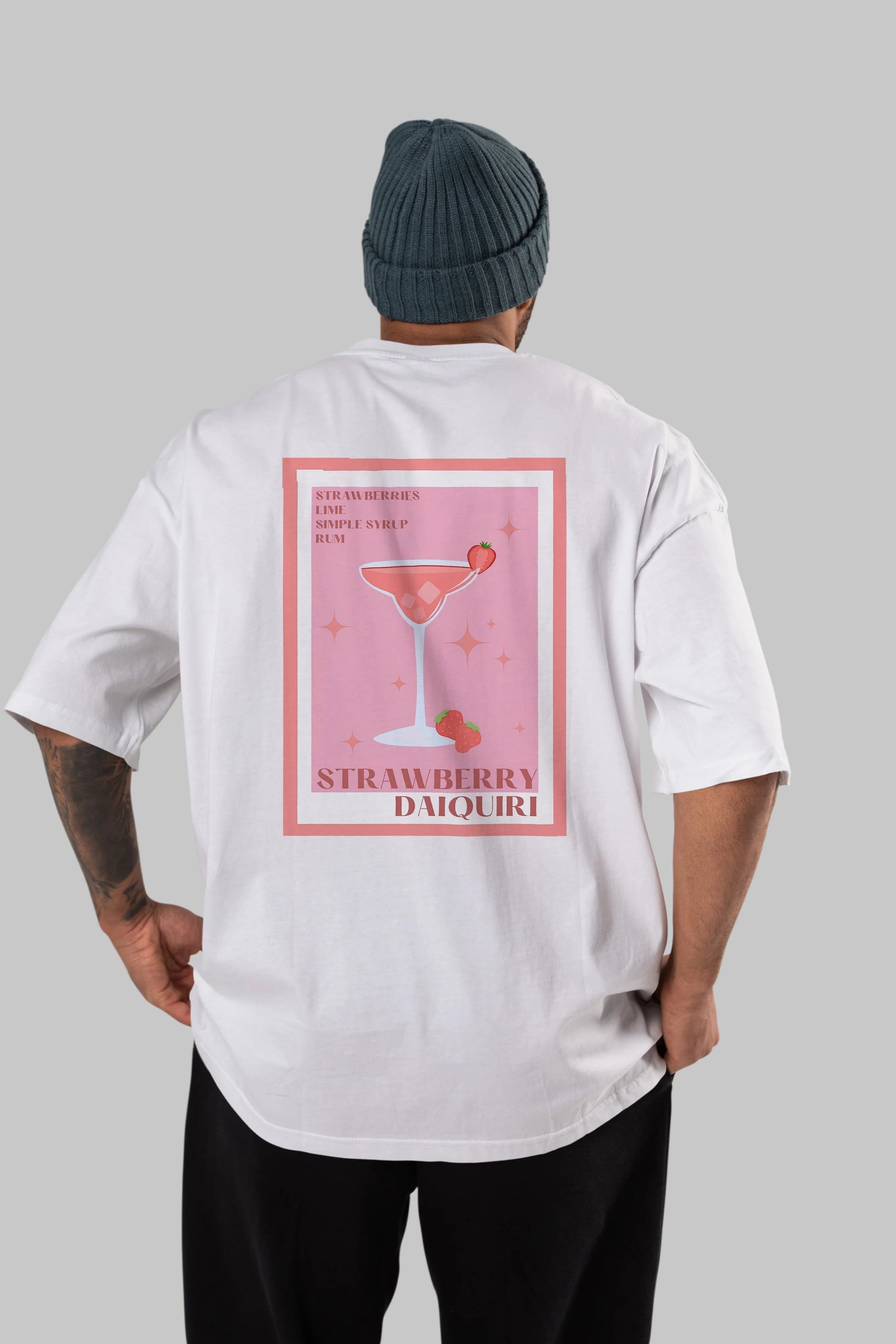 Strawberry Daiquiri Arka Baskılı Oversize t-shirt Erkek Kadın Unisex %100 Pamuk Bisiklet Yaka tişort