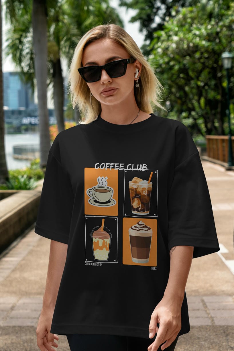 Coffee Club ön Baskılı Oversize t-shirt Erkek Kadın %100 Pamuk Bisiklet Yaka tişort
