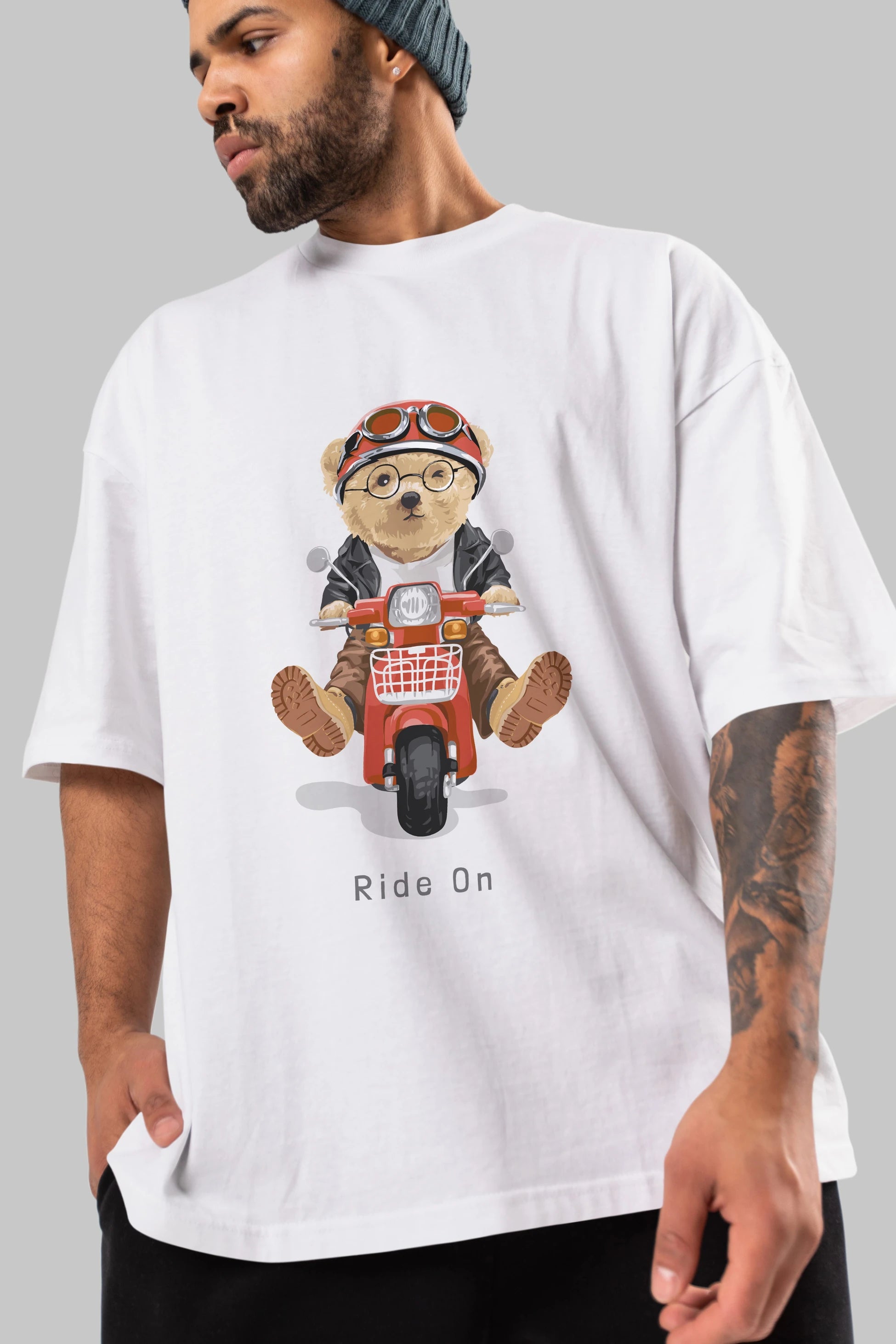 Teddy Bear Ride On Ön Baskılı Oversize t-shirt Erkek Kadın Unisex %100 Pamuk
