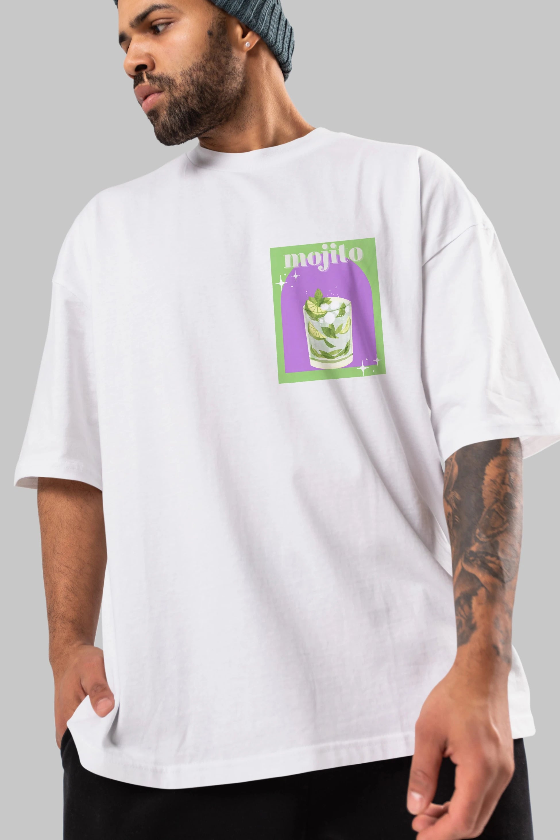Mojito 3 Ön Sol Baskılı Oversize t-shirt Erkek Kadın Unisex %100 Pamuk Bisiklet Yaka tişort