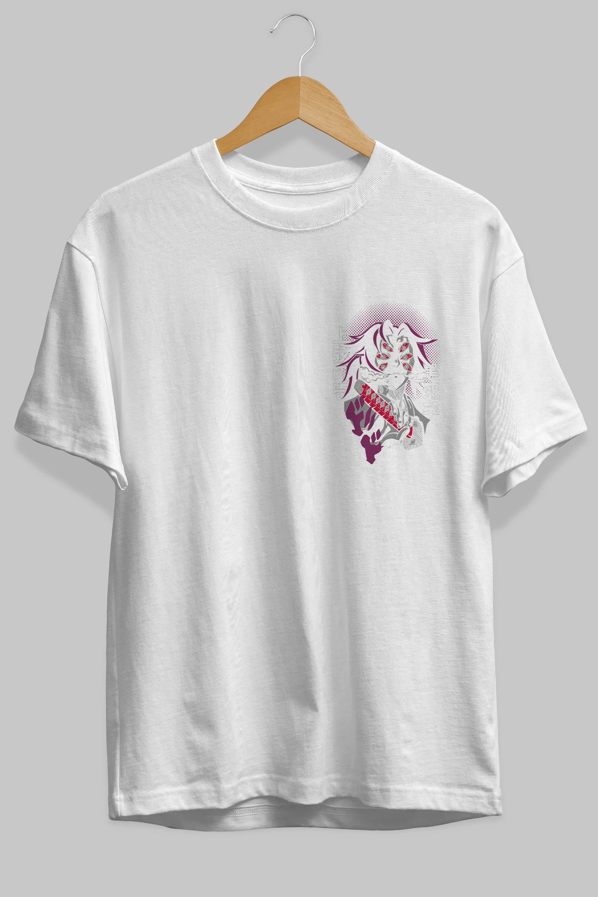 Kokushibo Ön Sol Baskılı Oversize t-shirt Erkek Kadın Unisex %100 Pamuk Bisiklet Yaka tişort
