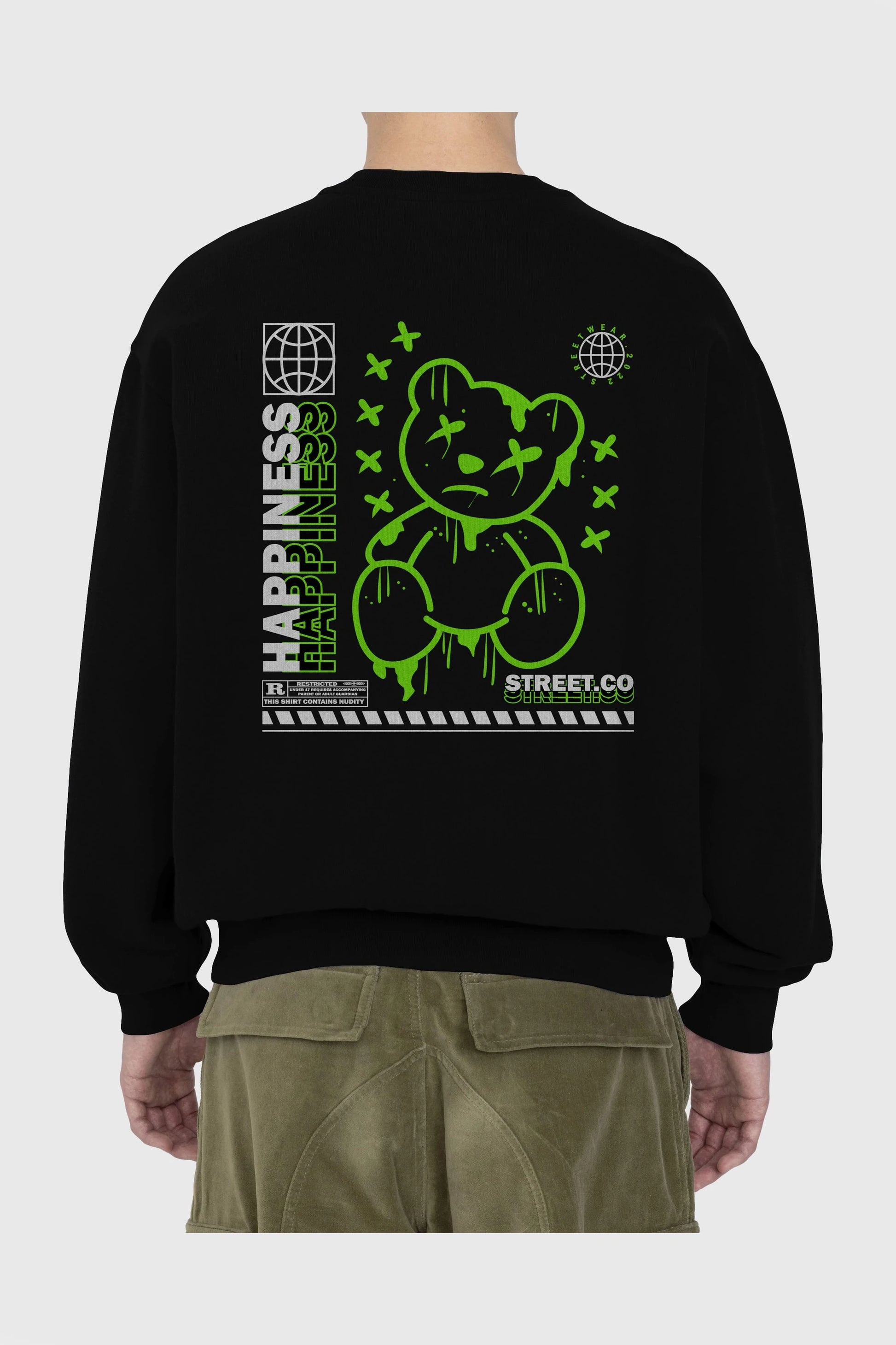 Happiness Bear 3 Arka Baskılı Oversize Sweatshirt Erkek Kadın Unisex