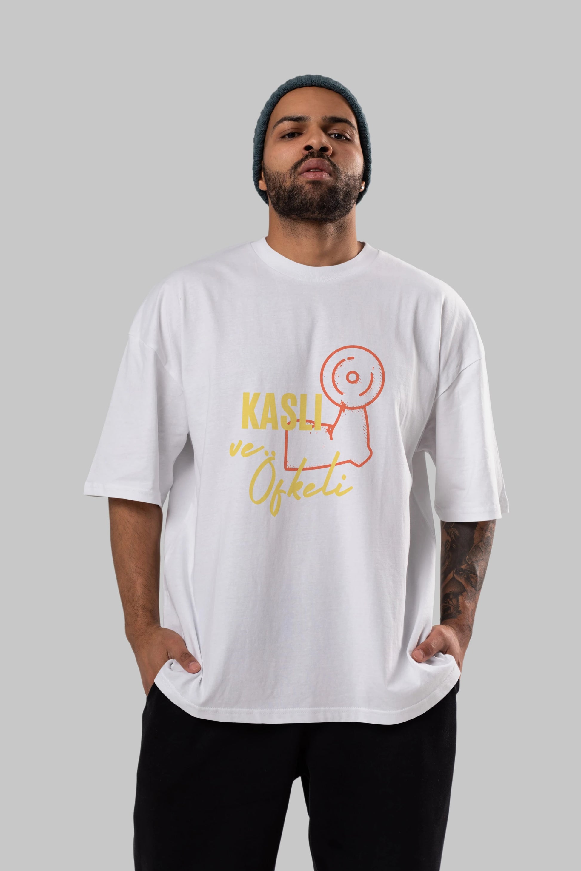 Kaslı ve Öfkeli Yazılı Ön Baskılı Oversize t-shirt Erkek Kadın Unisex