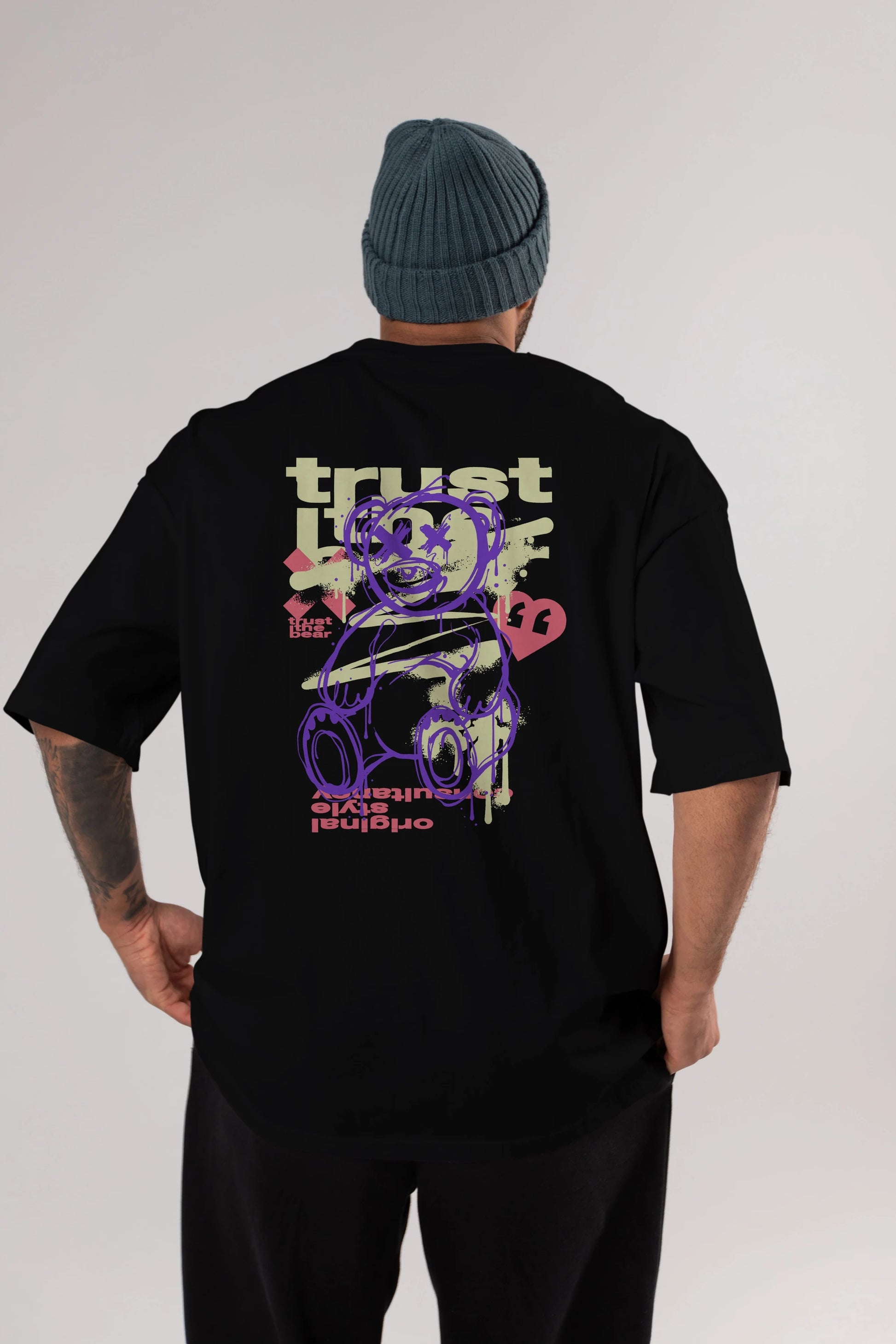Trust The Bear 3 Arka Baskılı Oversize t-shirt Erkek Kadın Unisex