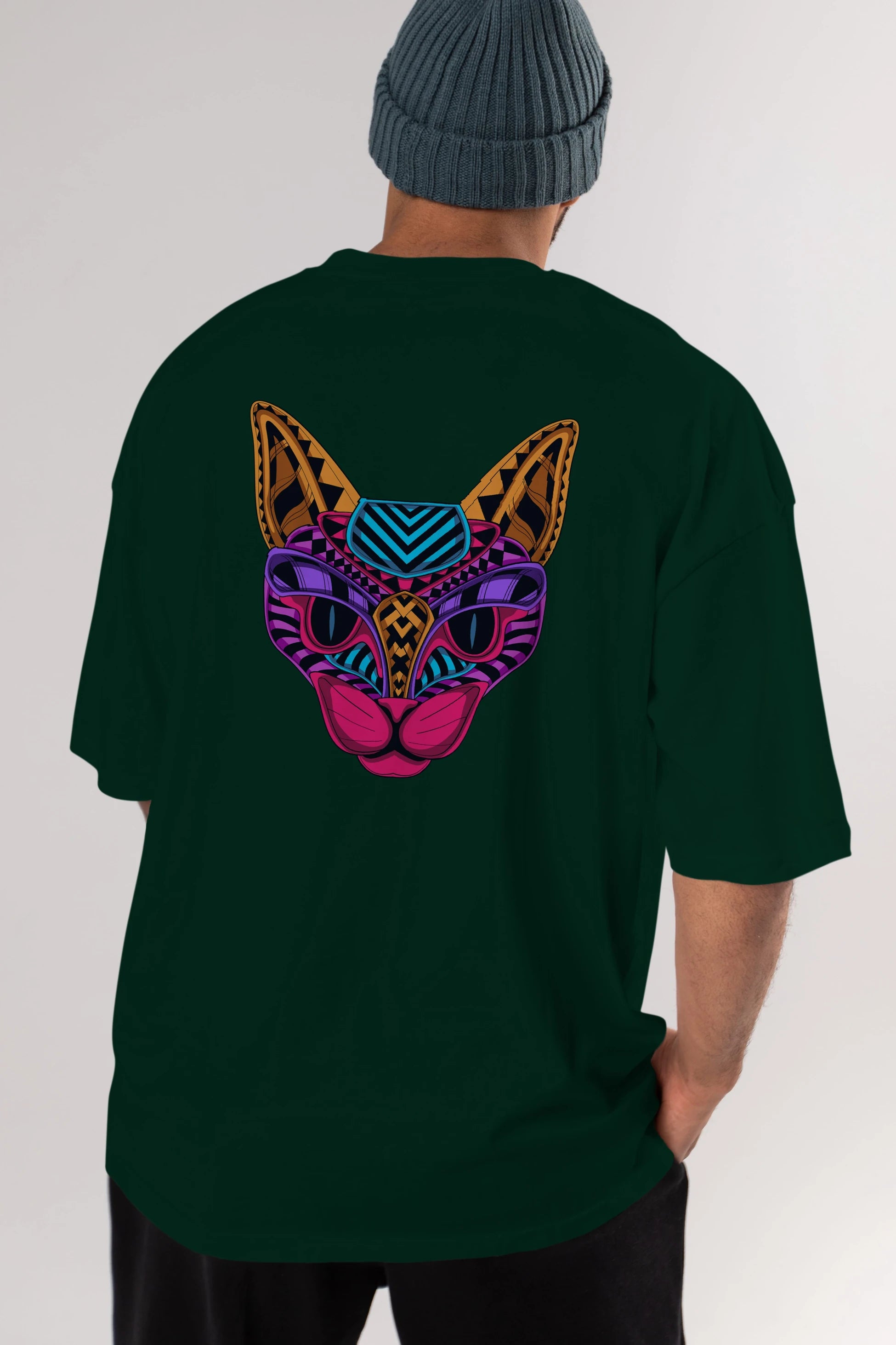 Black Neon Cat Arka Baskılı Oversize t-shirt Erkek Kadın Unisex