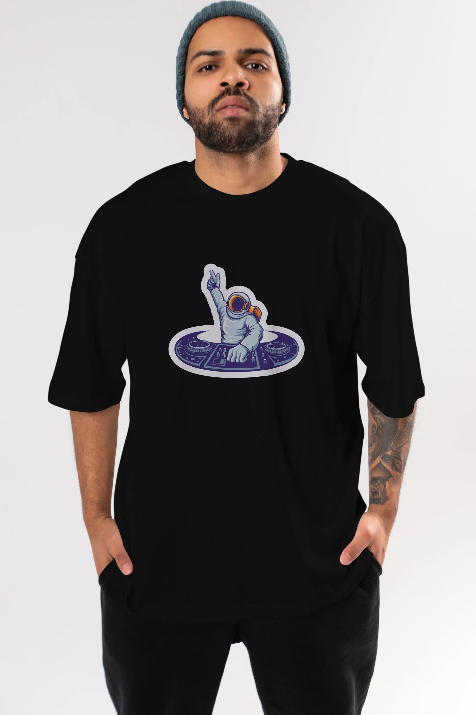 Astronaut Disk Jockey Party Sticker Ön Baskılı Oversize t-shirt Erkek Kadın Unisex