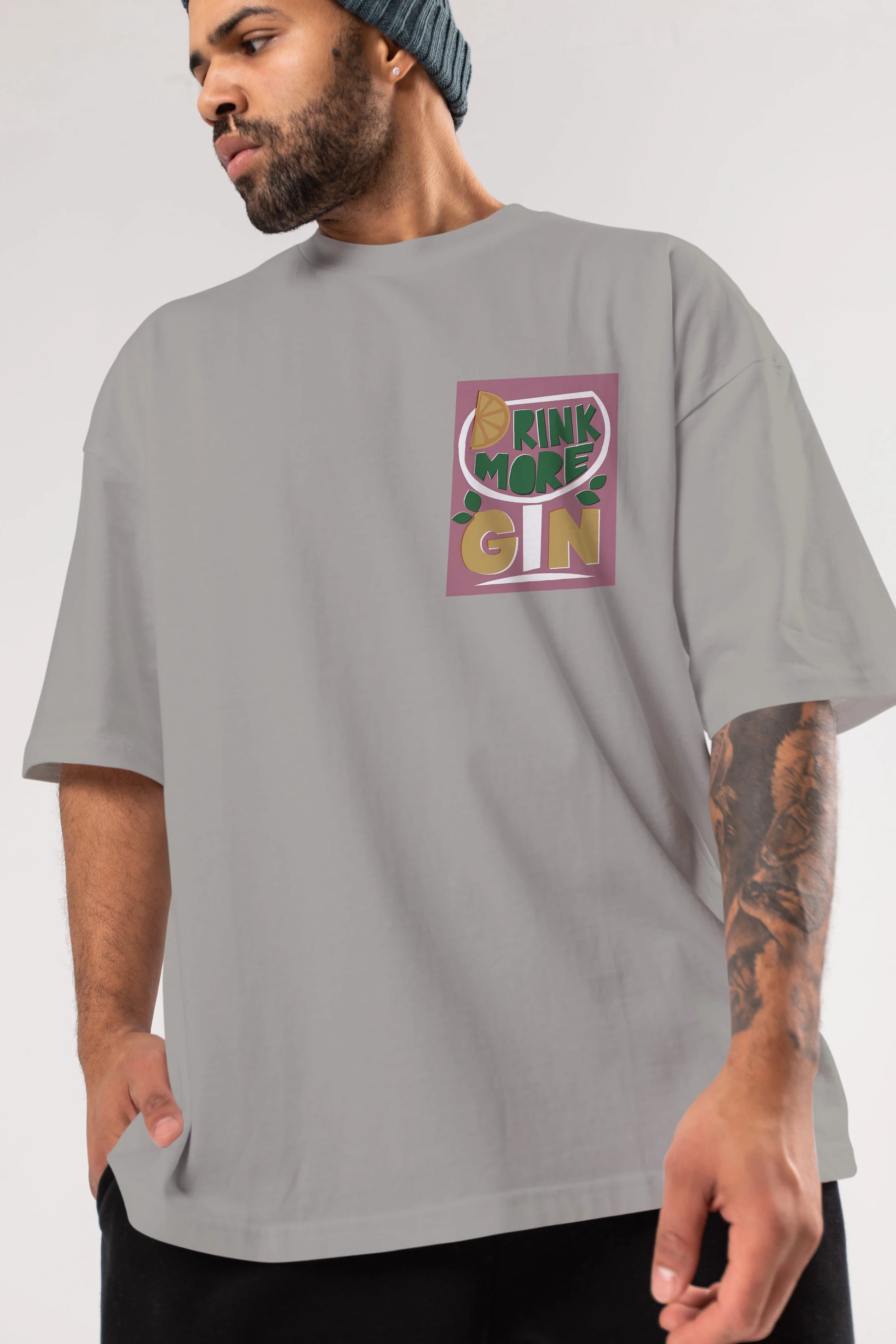 Drink More Gin Ön Sol Baskılı Oversize t-shirt Erkek Kadın Unisex %100 Pamuk Bisiklet Yaka tişort