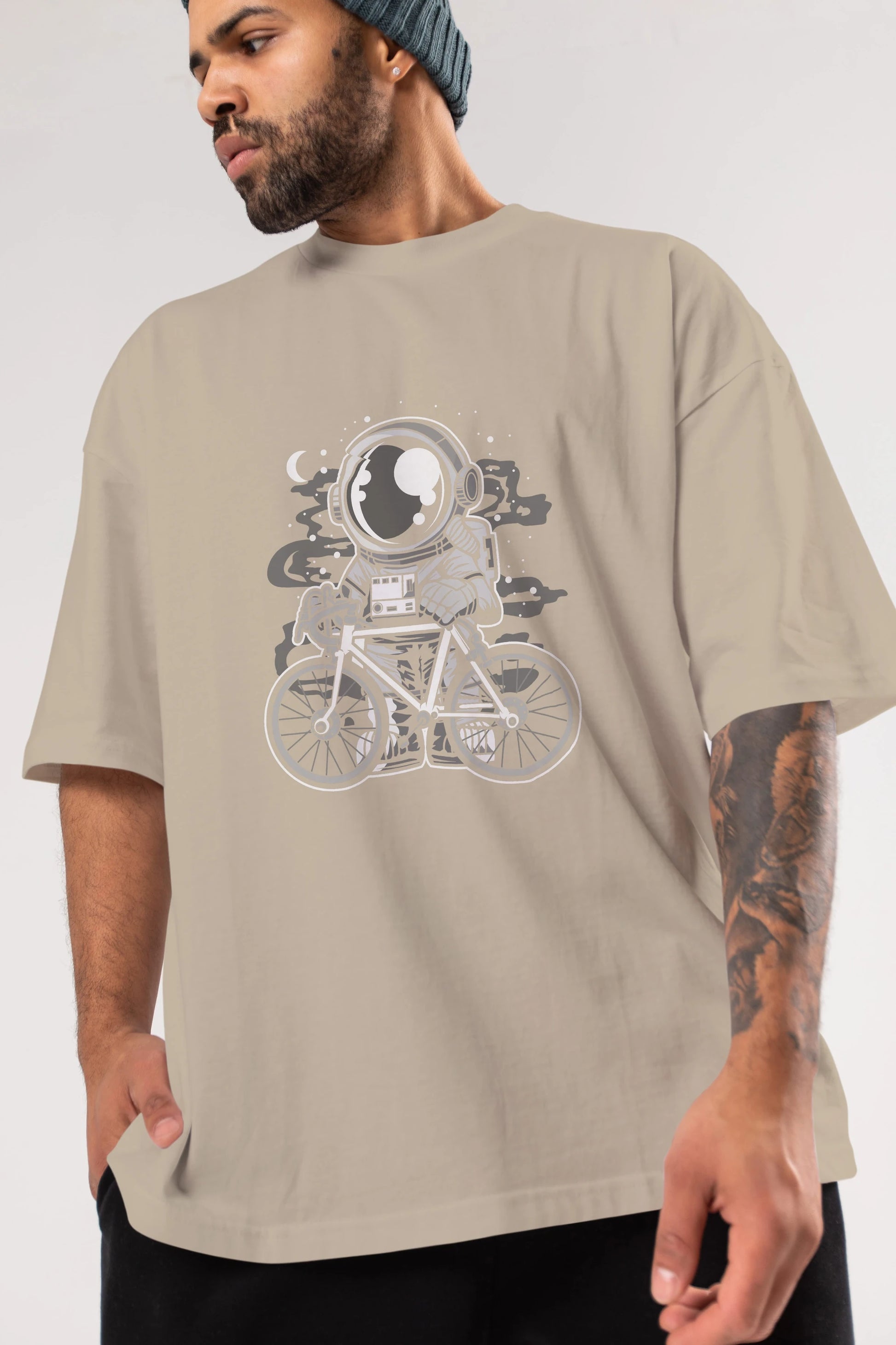 Bicycle Astronaut Ön Baskılı Oversize t-shirt Erkek Kadın Unisex