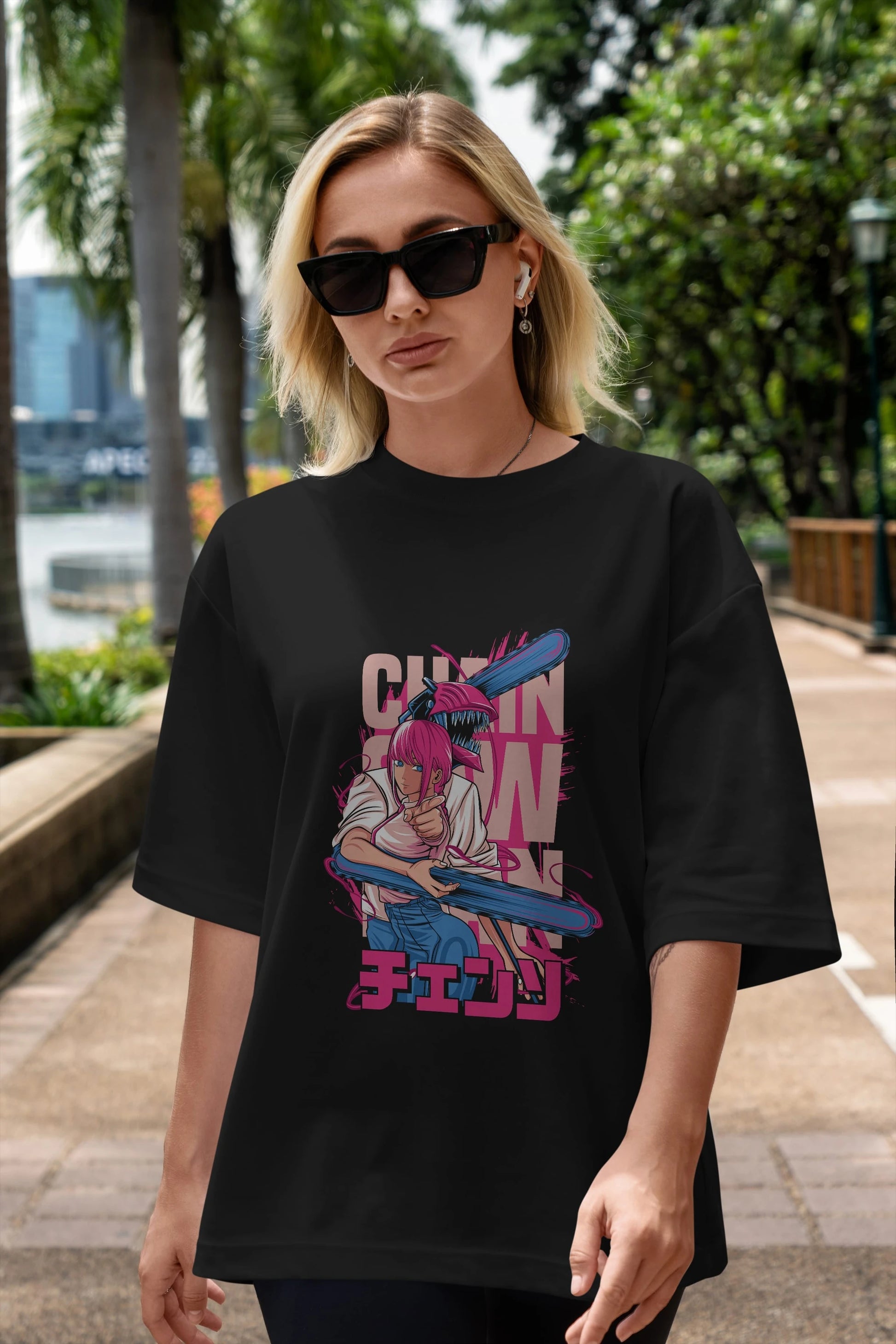 DENJI and MAKIMA Anime Ön Baskılı Oversize t-shirt %100 pamuk Erkek Kadın Unisex