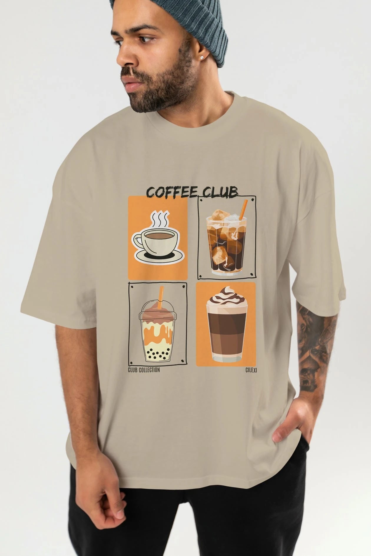 Coffee Club ön Baskılı Oversize t-shirt Erkek Kadın %100 Pamuk Bisiklet Yaka tişort