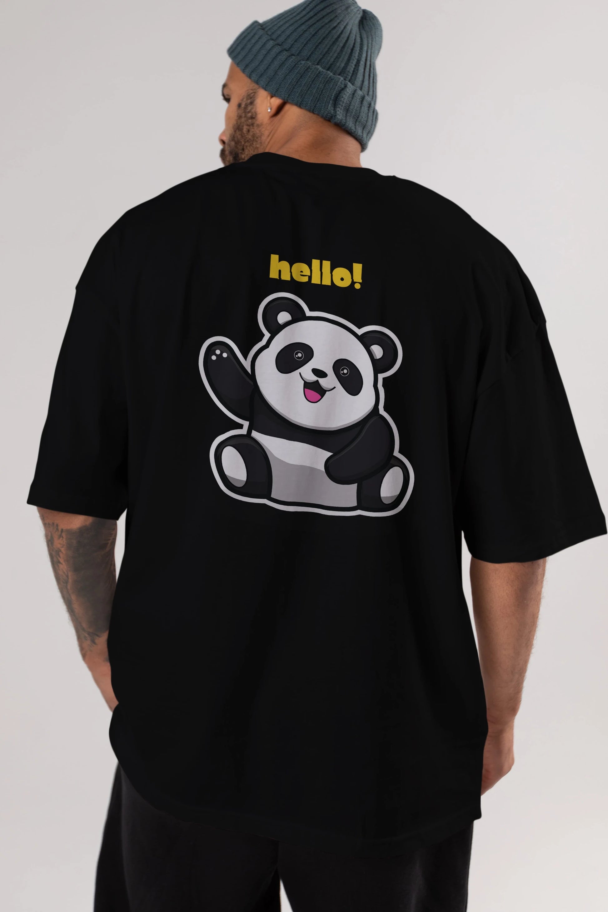 Hello Panda Arka Baskılı Oversize t-shirt Erkek Kadın Unisex