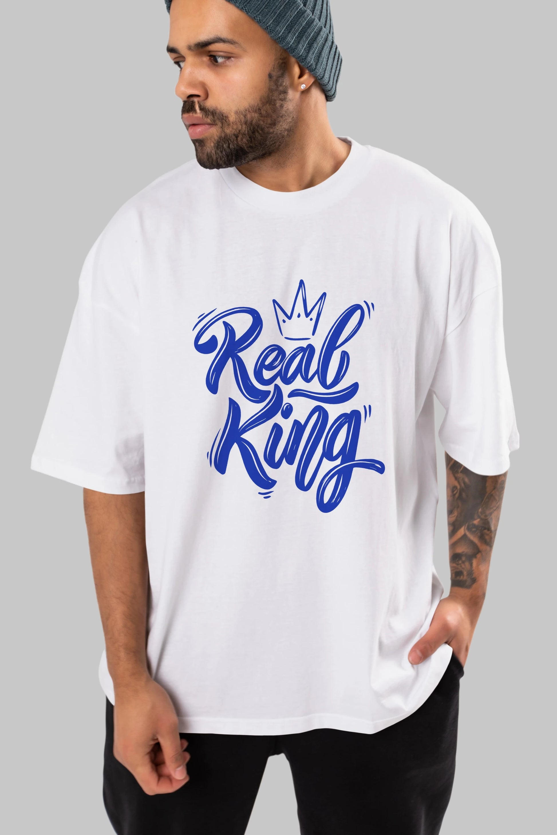 Real King Yazılı Ön Baskılı Oversize t-shirt Erkek Kadın Unisex