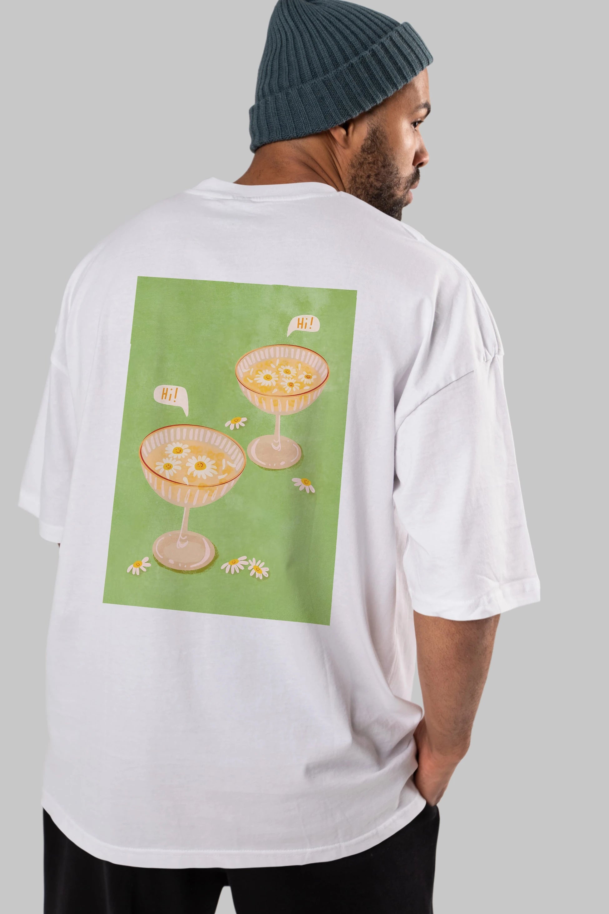 Hi Cheers Arka Baskılı Oversize t-shirt Erkek Kadın Unisex %100 Pamuk Bisiklet Yaka tişort
