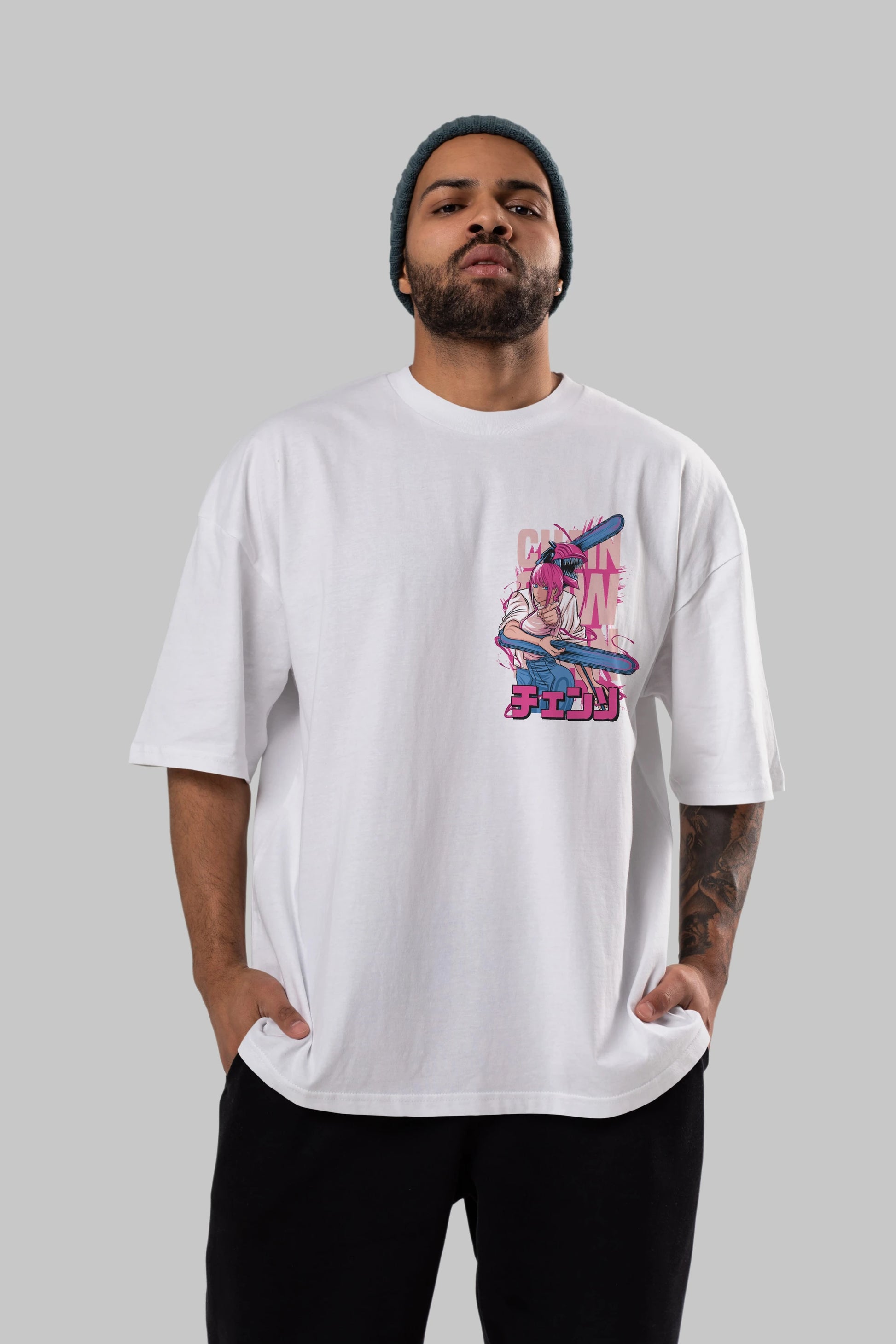 DENJI and MAKIMA Ön Sol Baskılı Oversize t-shirt Erkek Kadın Unisex %100 Pamuk Bisiklet Yaka tişort