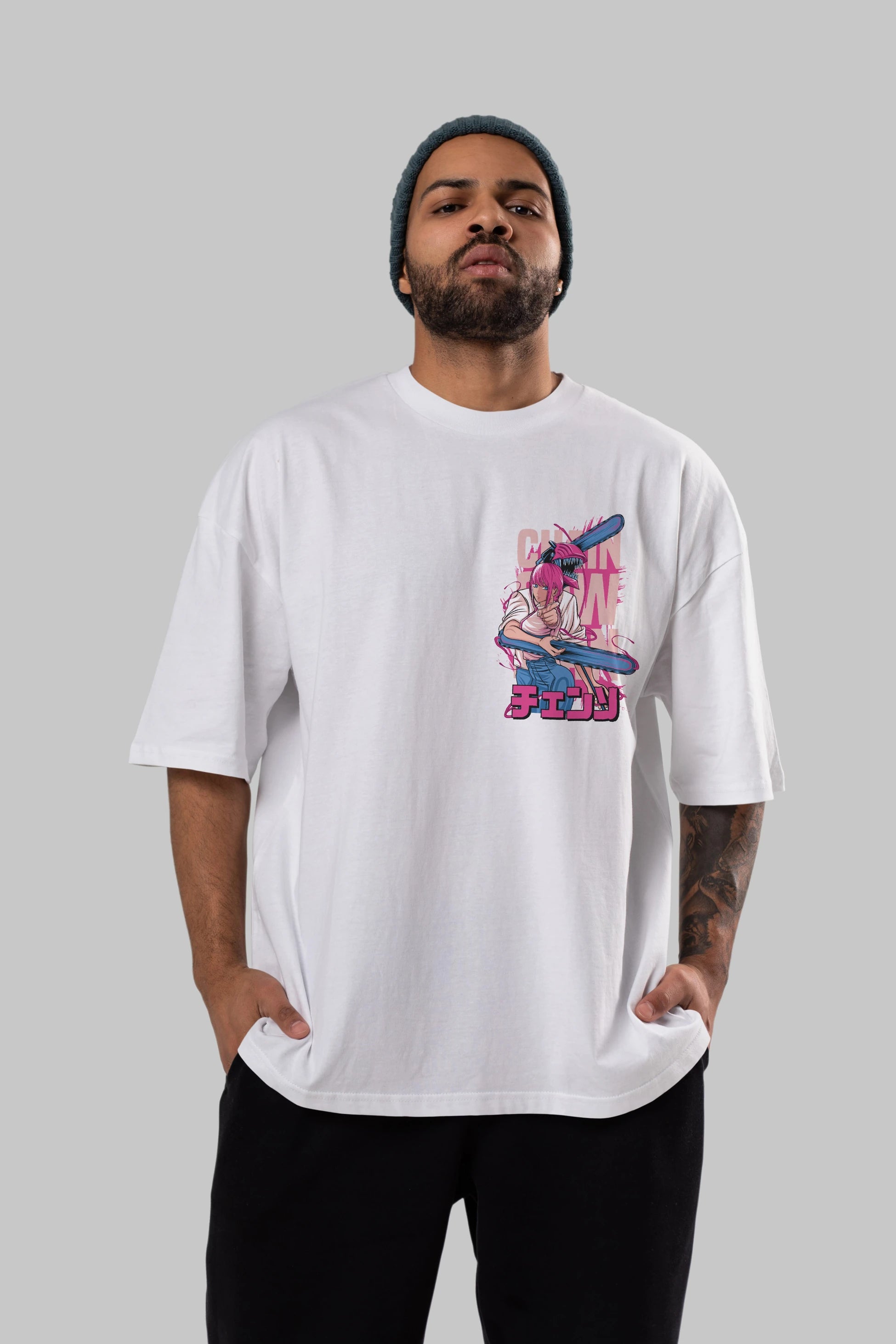 DENJI and MAKIMA Ön Sol Baskılı Oversize t-shirt Erkek Kadın Unisex %100 Pamuk Bisiklet Yaka tişort