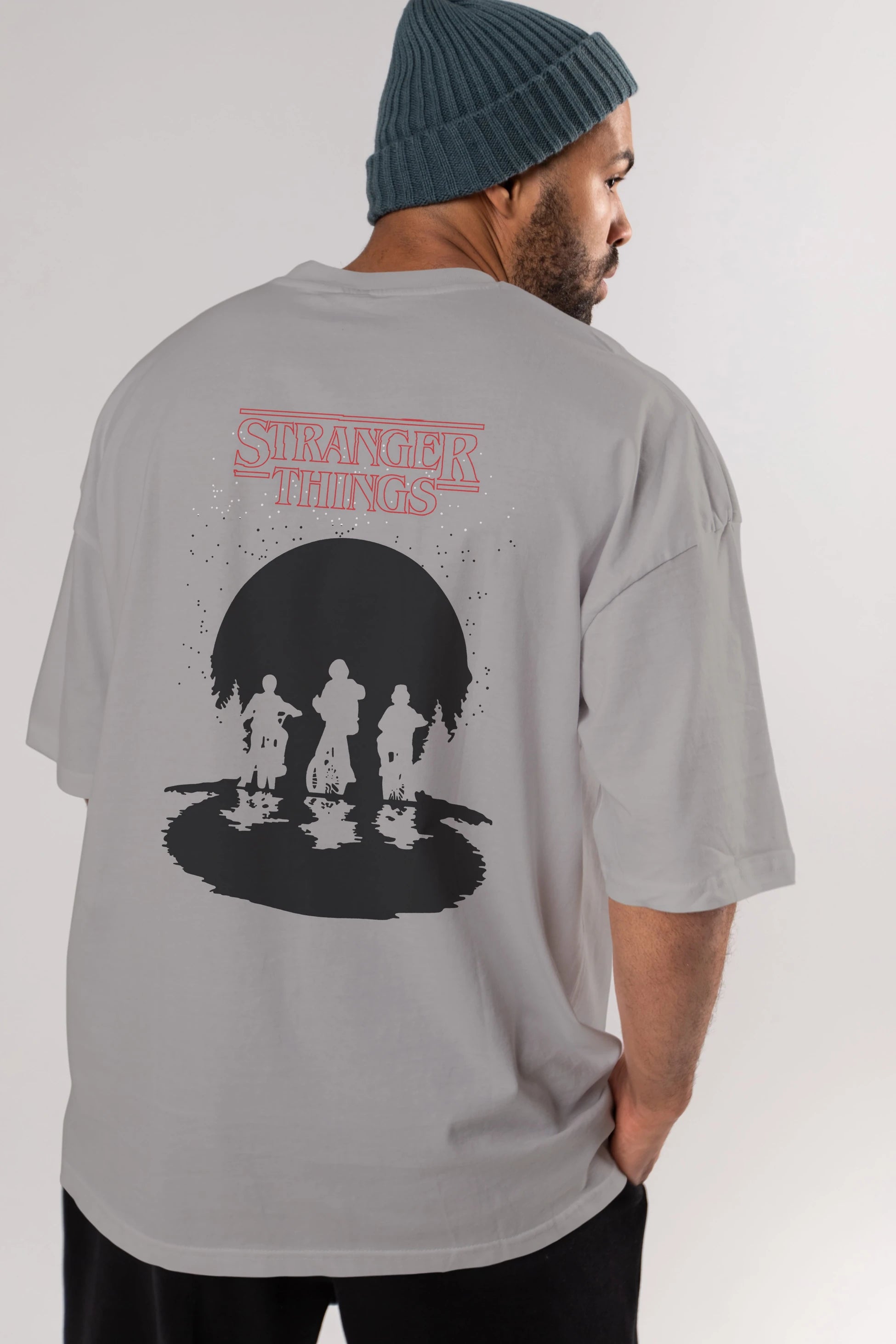 Stranger Things Arka Baskılı Oversize t-shirt Erkek Kadın Unisex %100 Pamuk Bisiklet Yaka tişort
