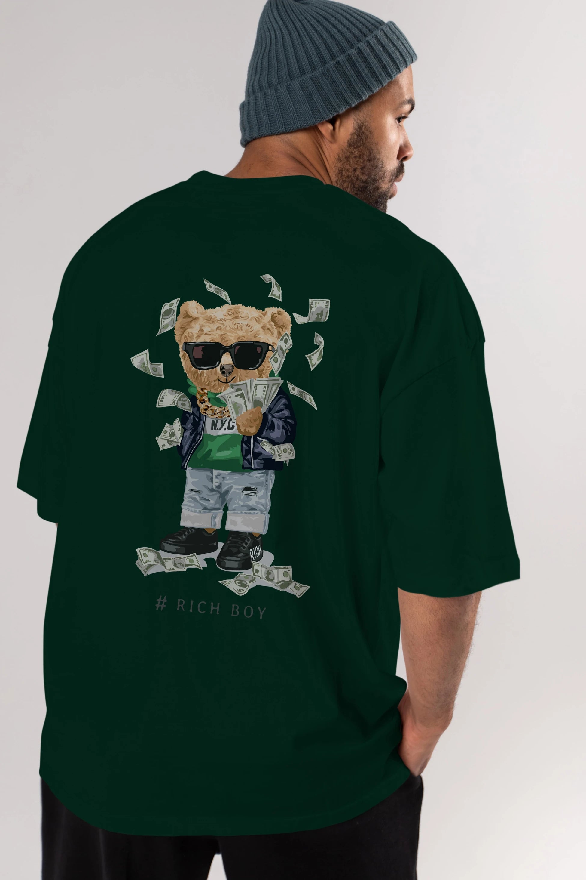 Teddy Bear Rich Boy Arka Baskılı Oversize t-shirt Erkek Kadın Unisex %100 Pamuk
