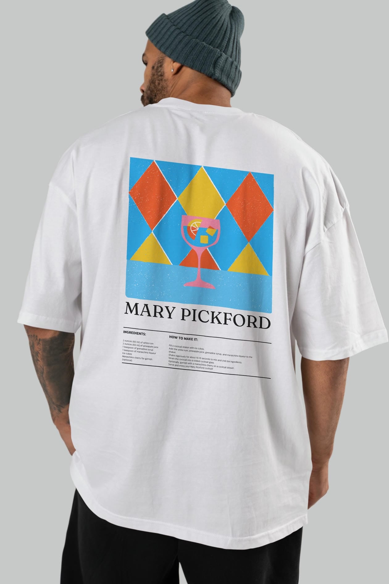 Mary Pickford Kokteyl Serisi Arka Baskılı Oversize t-shirt Erkek Kadın %100 Pamuk Bisiklet Yaka tişort