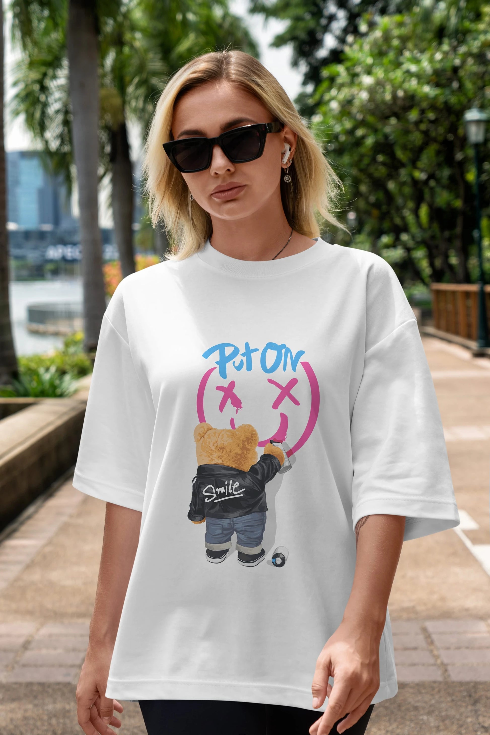 Put on Smile Bear Ön Baskılı Oversize t-shirt Erkek Kadın Unisex