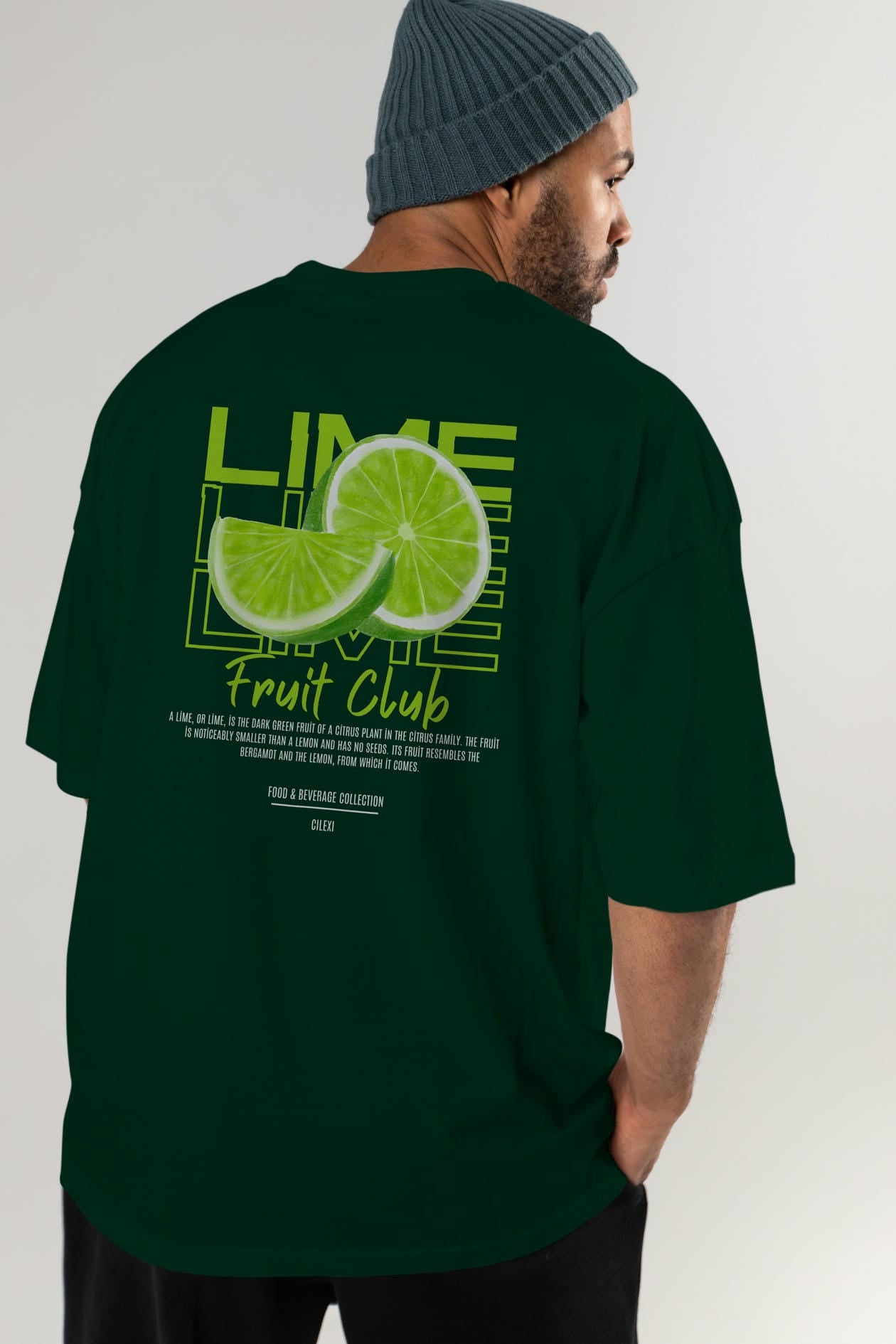 Lime Arka Baskılı Oversize t-shirt Erkek Kadın Pamuk Bisiklet Yaka tişort