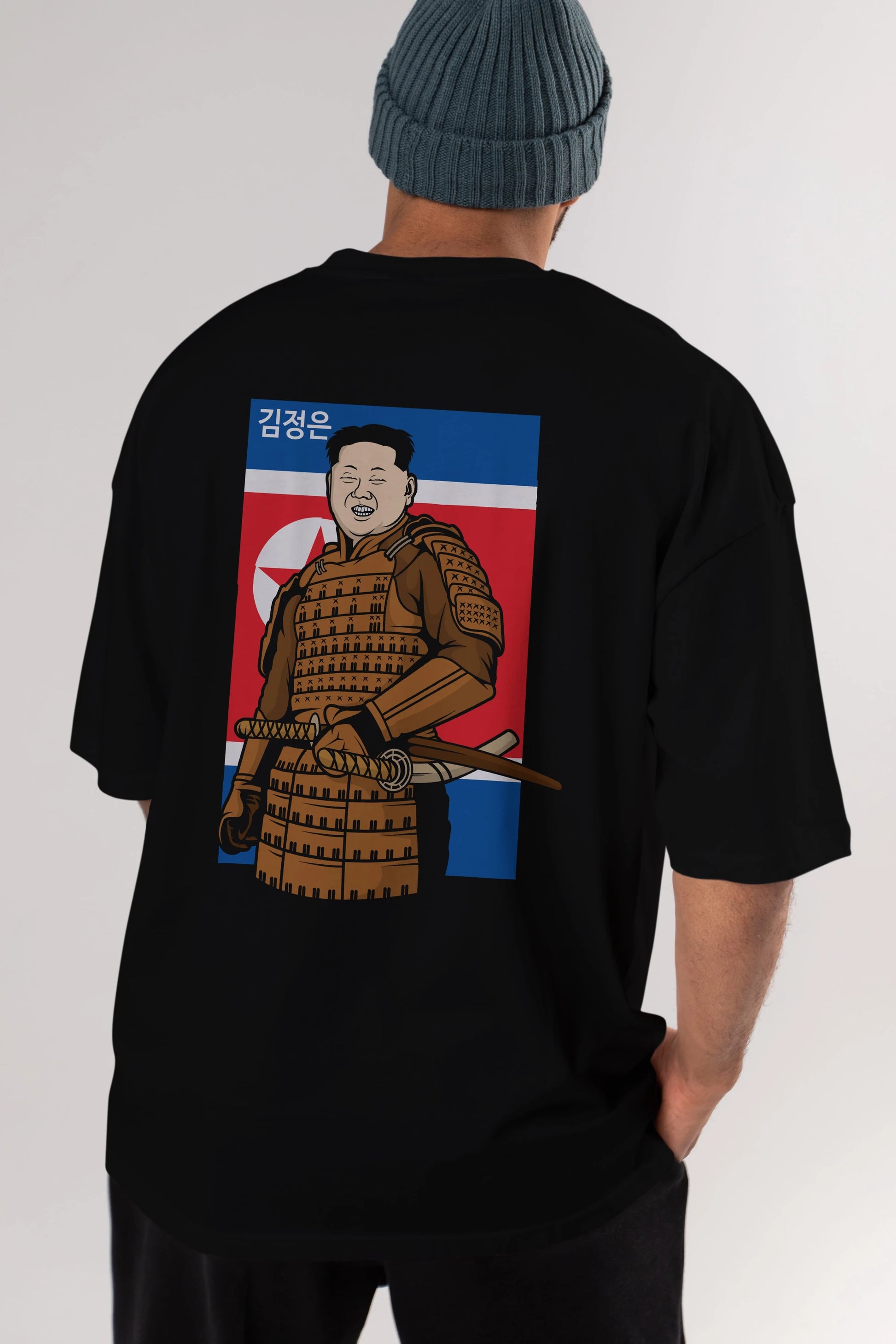 Samurai Jong Un Arka Baskılı Oversize t-shirt Erkek Kadın Unisex %100 Pamuk tişort
