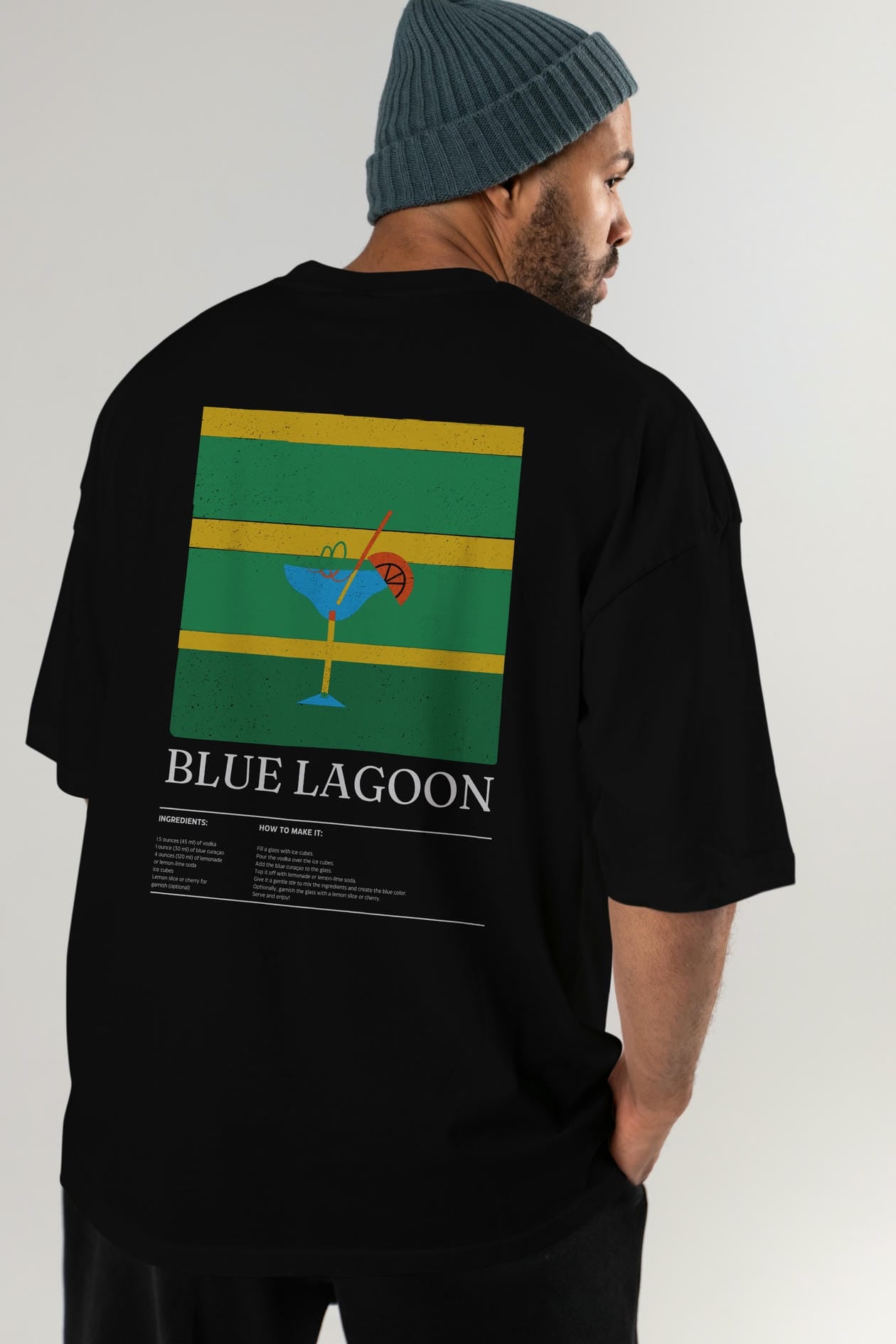 Blue Lagoon Kokteyl Serisi Arka Baskılı Oversize t-shirt Erkek Kadın %100 Pamuk Bisiklet Yaka tişort