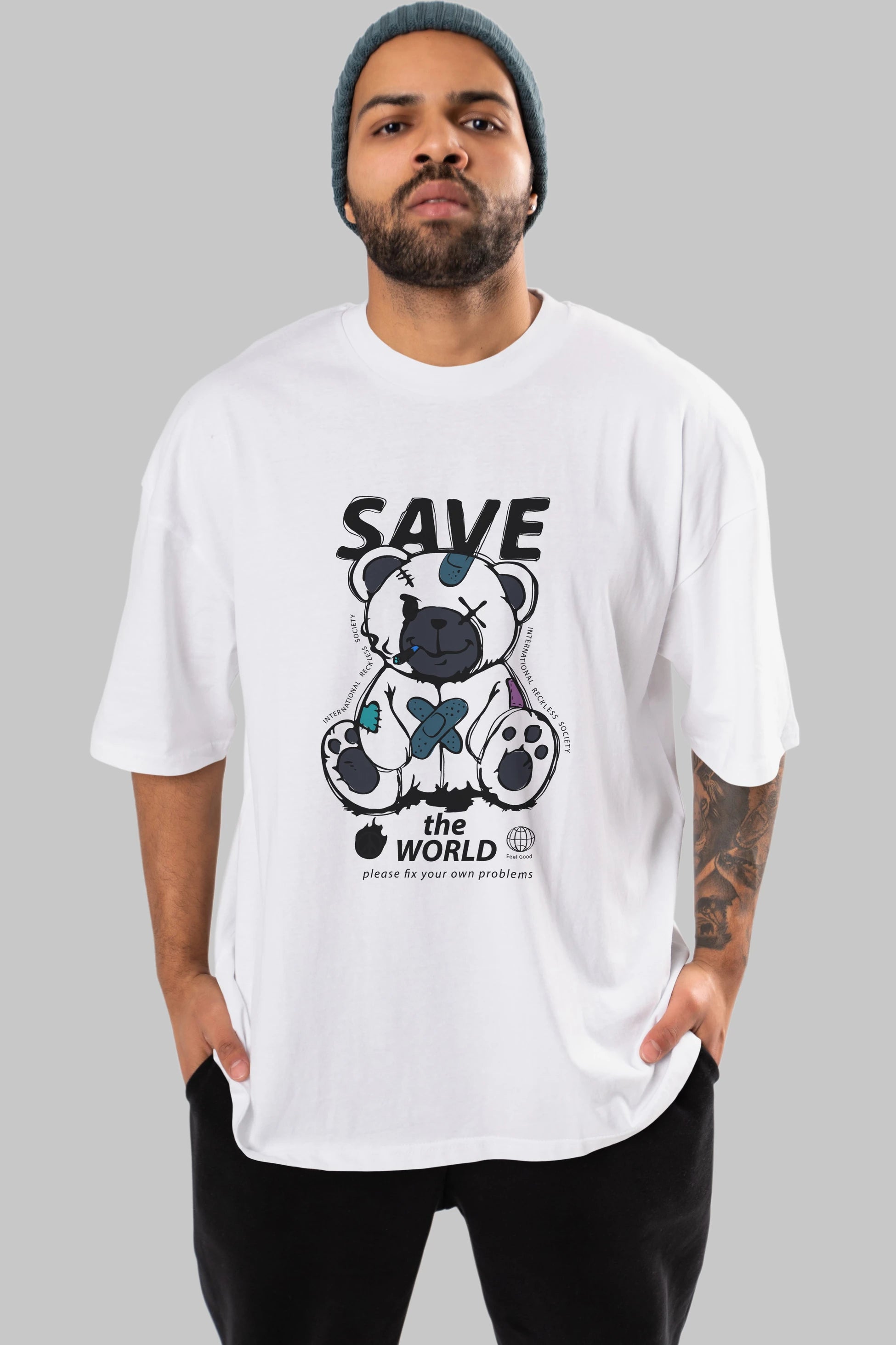 Save the World Bear Ön Baskılı Oversize t-shirt Erkek Kadın Unisex