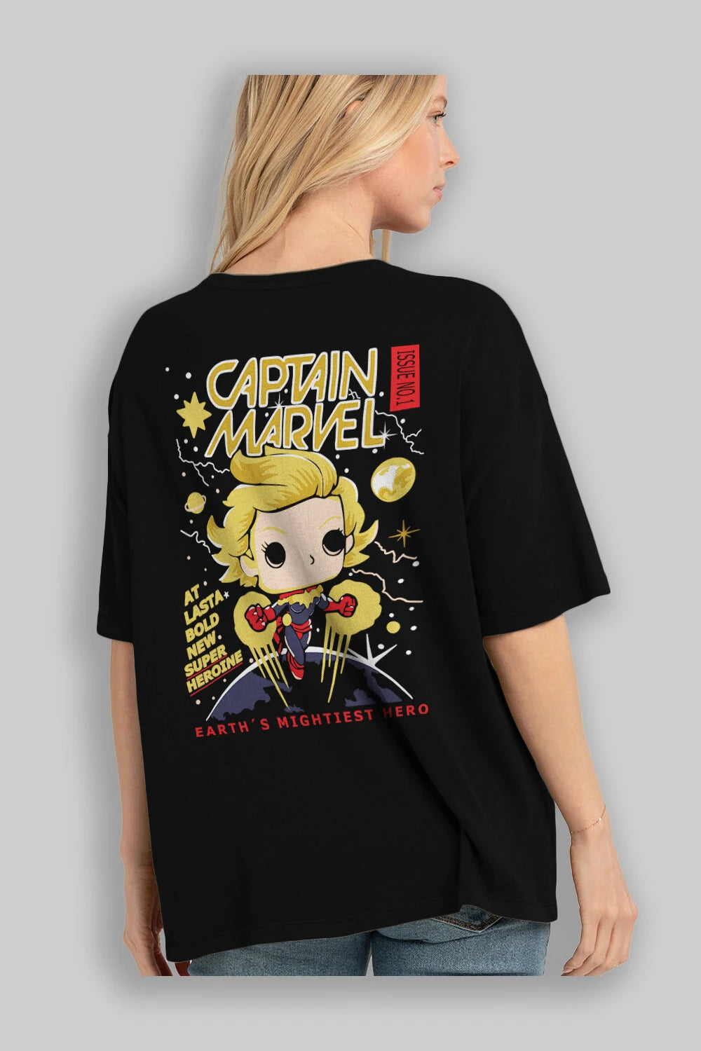 Captain Marvel Arka Baskılı Oversize t-shirt Erkek Kadın Unisex %100 Pamuk Bisiklet Yaka tişort