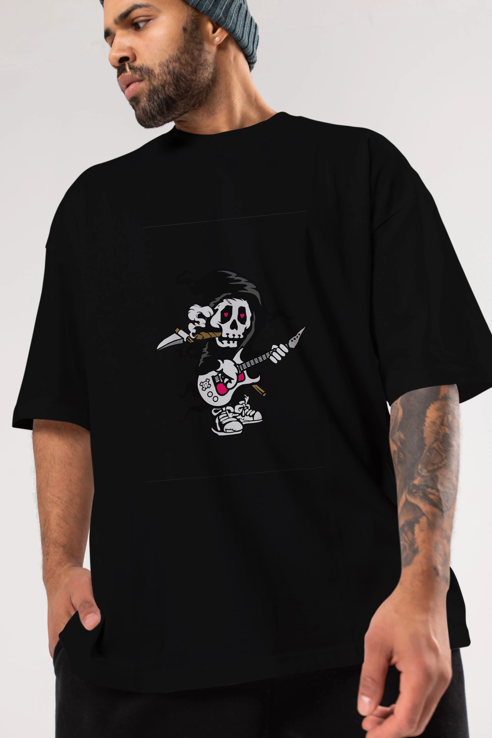 Grim Rockstar Ön Baskılı Oversize t-shirt Erkek Kadın Unisex %100 Pamuk tişort
