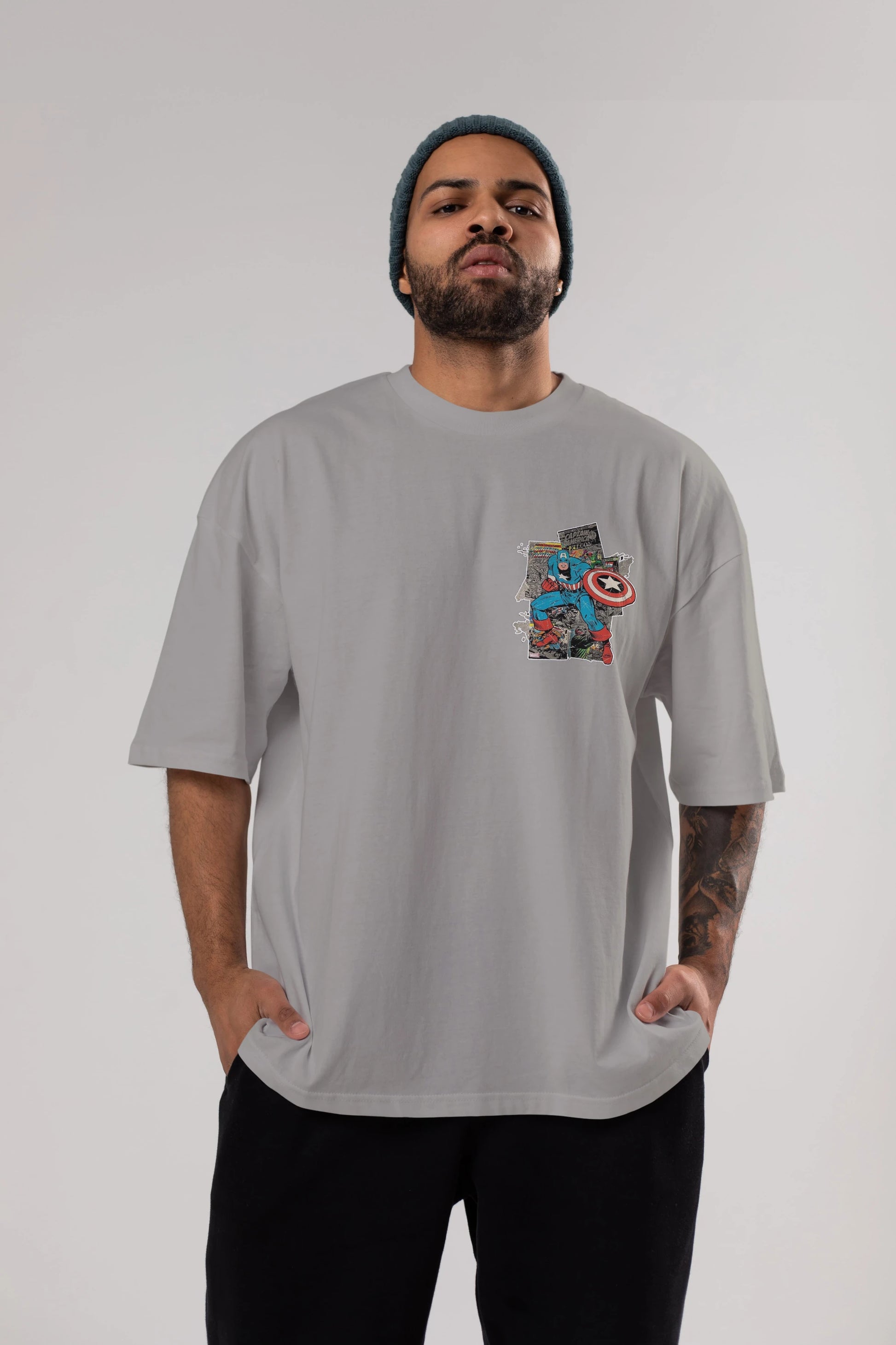 Captain America (2) Ön Sol Baskılı Oversize t-shirt Erkek Kadın Unisex %100 Pamuk Bisiklet Yaka tişort