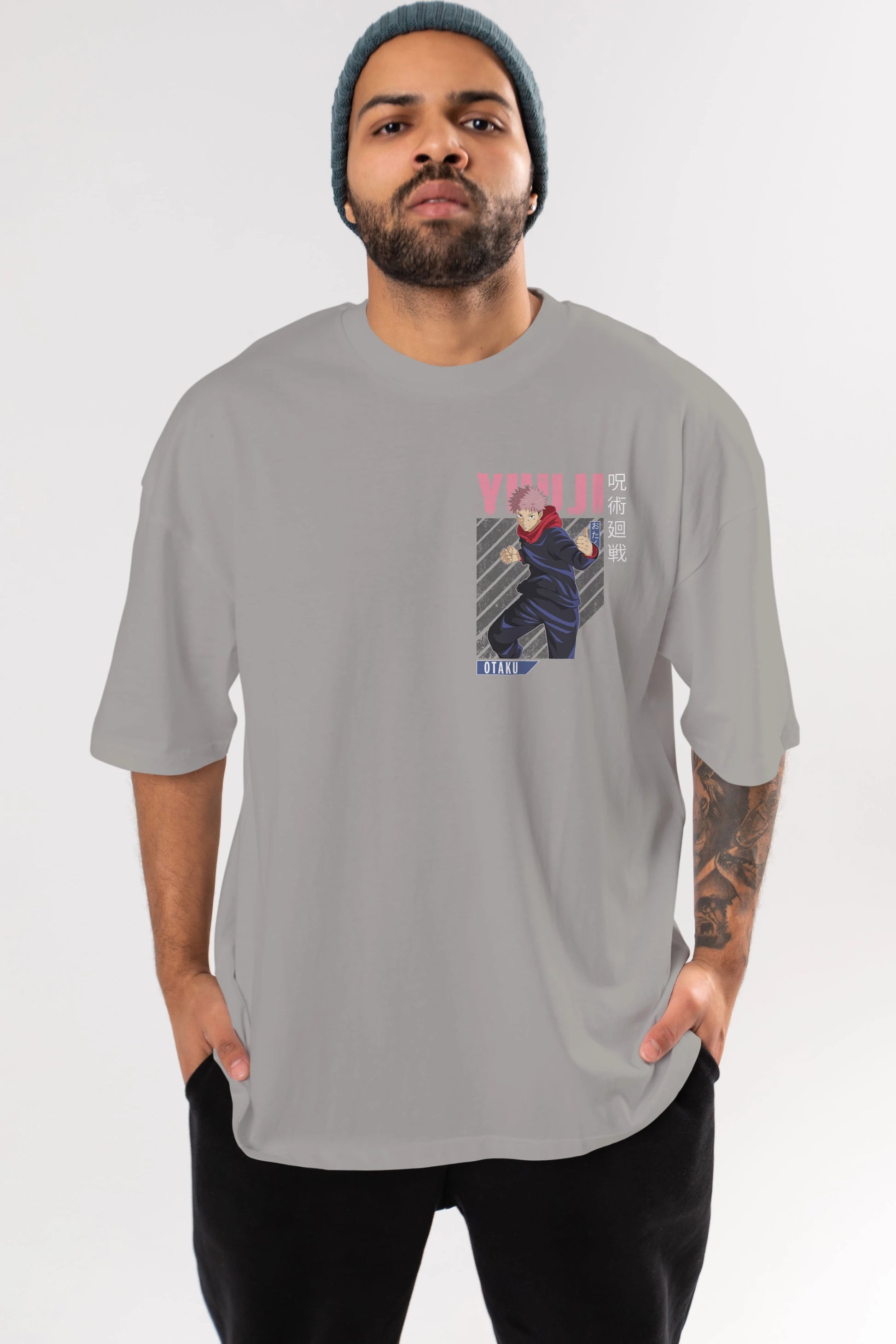 Yuuji Itadori Ön Sol Baskılı Oversize t-shirt Erkek Kadın Unisex %100 Pamuk Bisiklet Yaka tişort