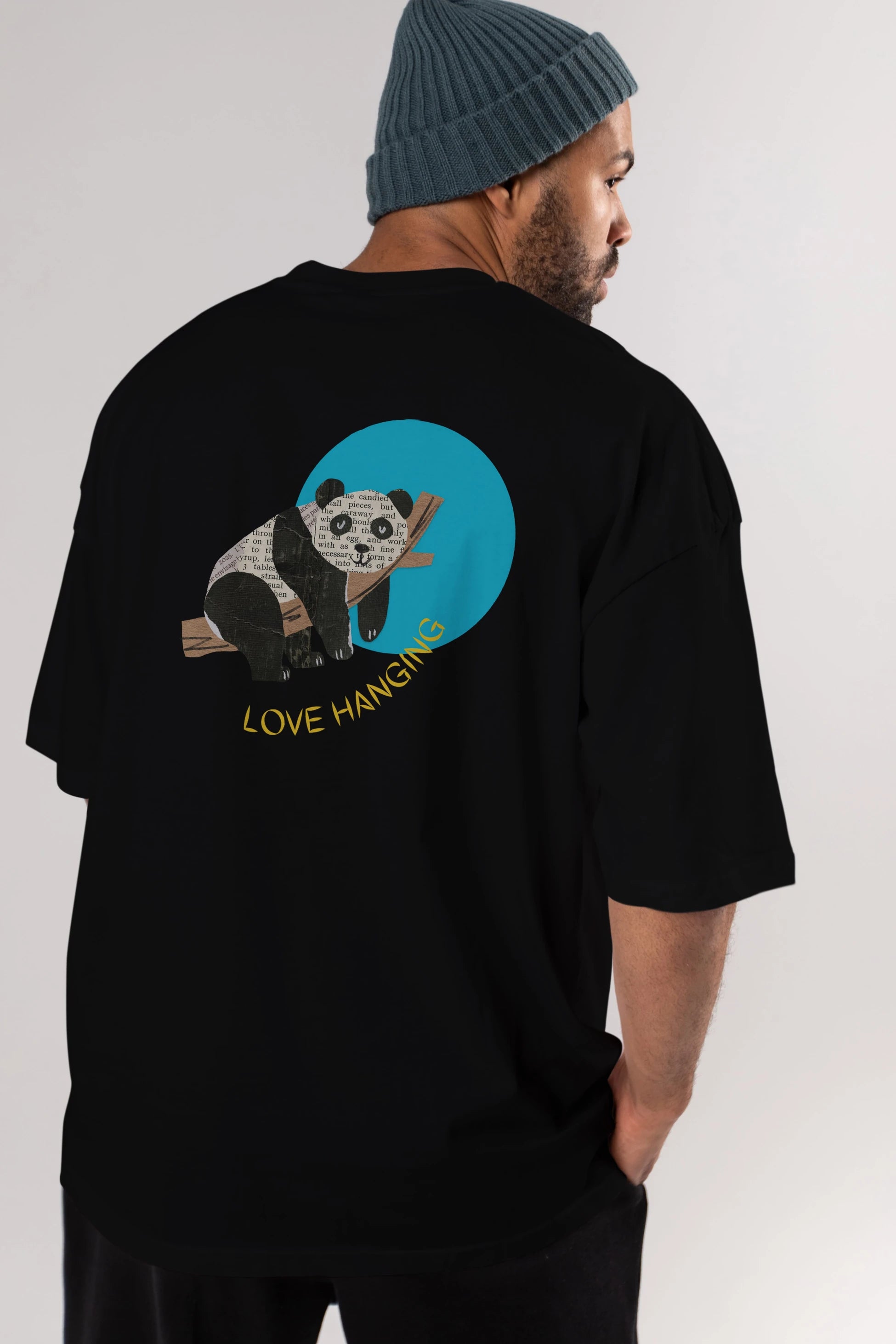 Panda Love Hanging Arka Baskılı Oversize t-shirt Erkek Kadın Unisex