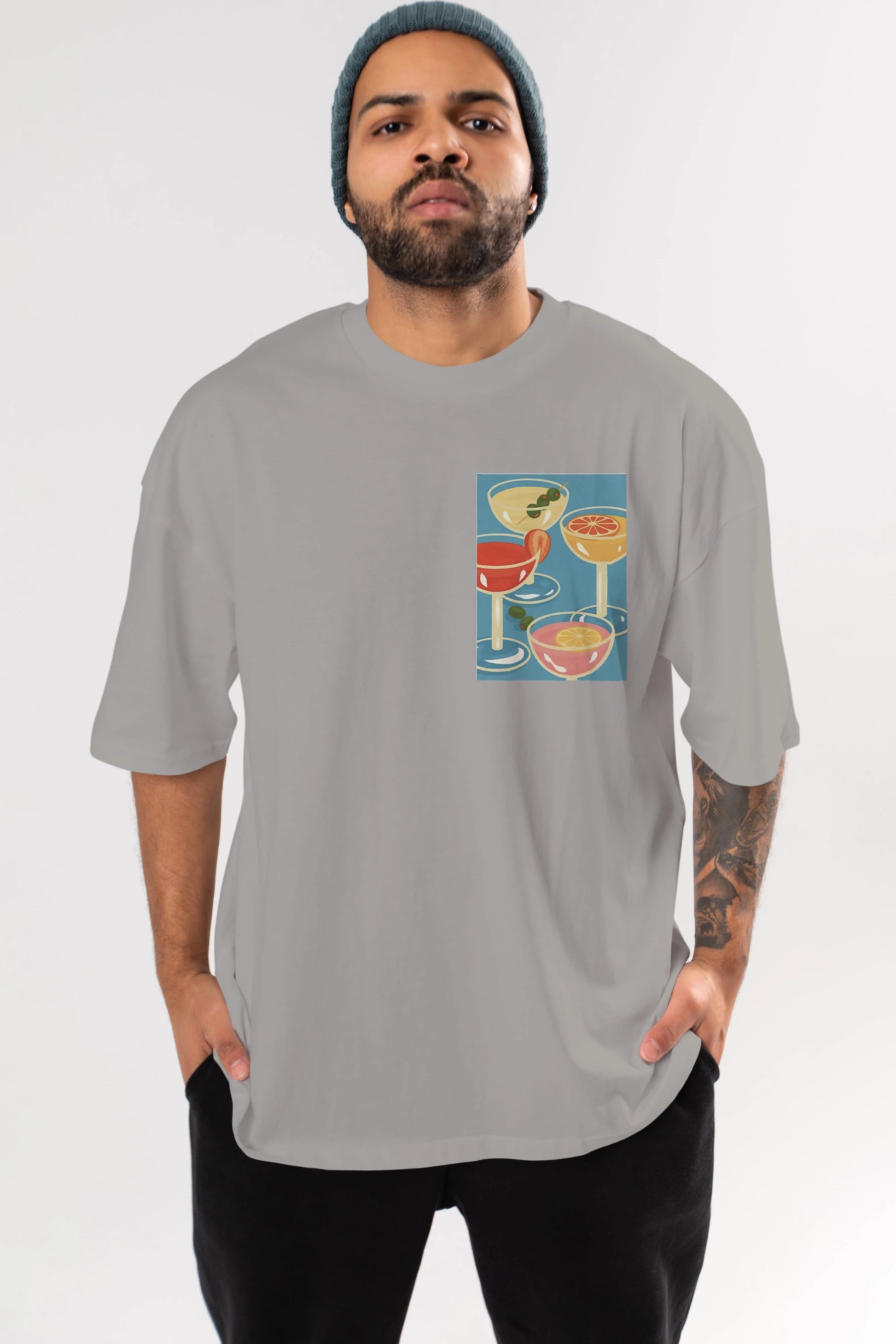 Cocktails Ön Sol Baskılı Oversize t-shirt Erkek Kadın Unisex %100 Pamuk Bisiklet Yaka tişort